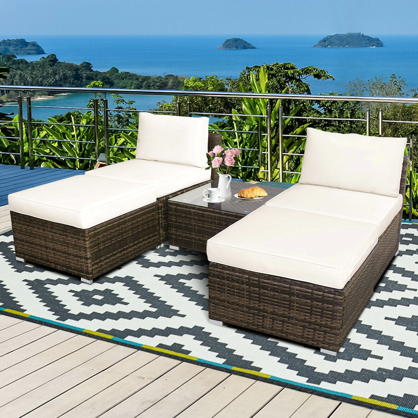 SUGIFT Armless Sofas Ottomans and Coffee Table 5-Piece White Patio Rattan Set
