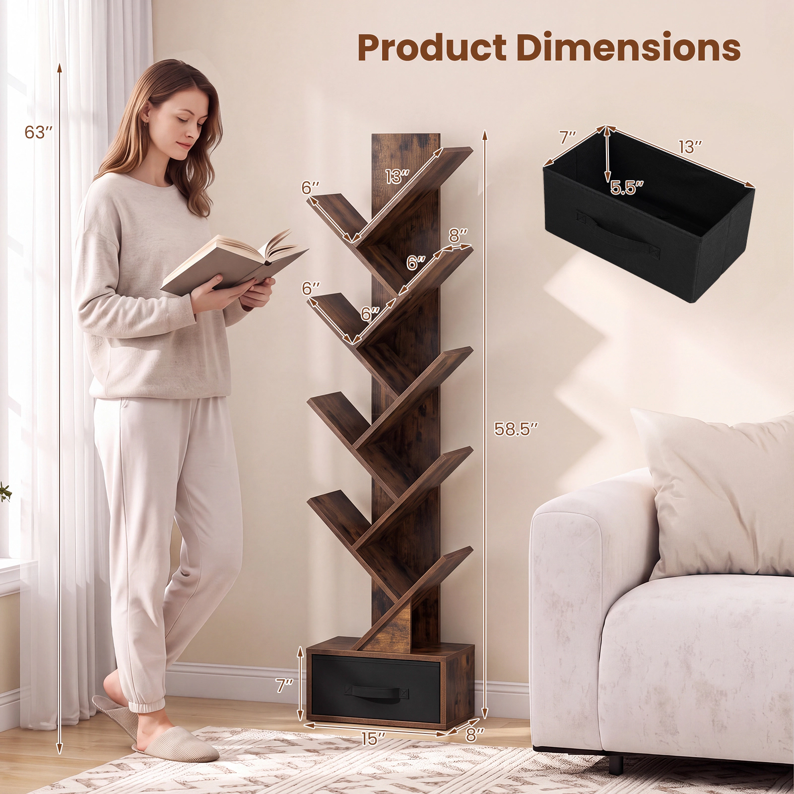 Costway 9-Tier Tree Bookshelf with Drawer Wooden Floor Standing Bookcase White