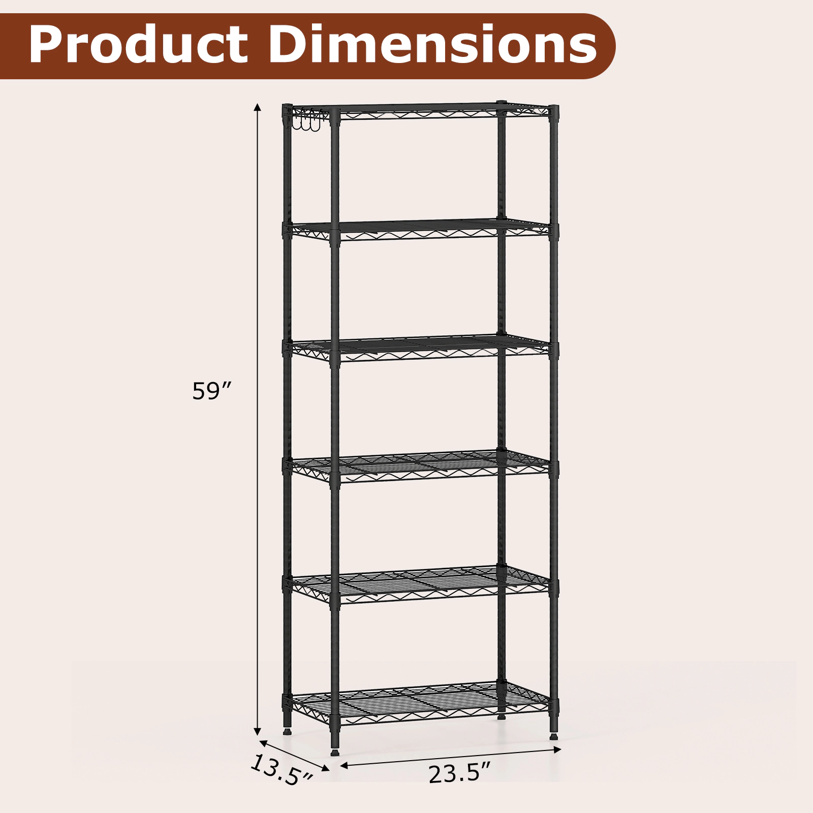 SUGIFT 6-Tier 900-lb Capacity Metal Storage Shelving Unit with V-Shaped Wire Rack and 4 Removable Hooks