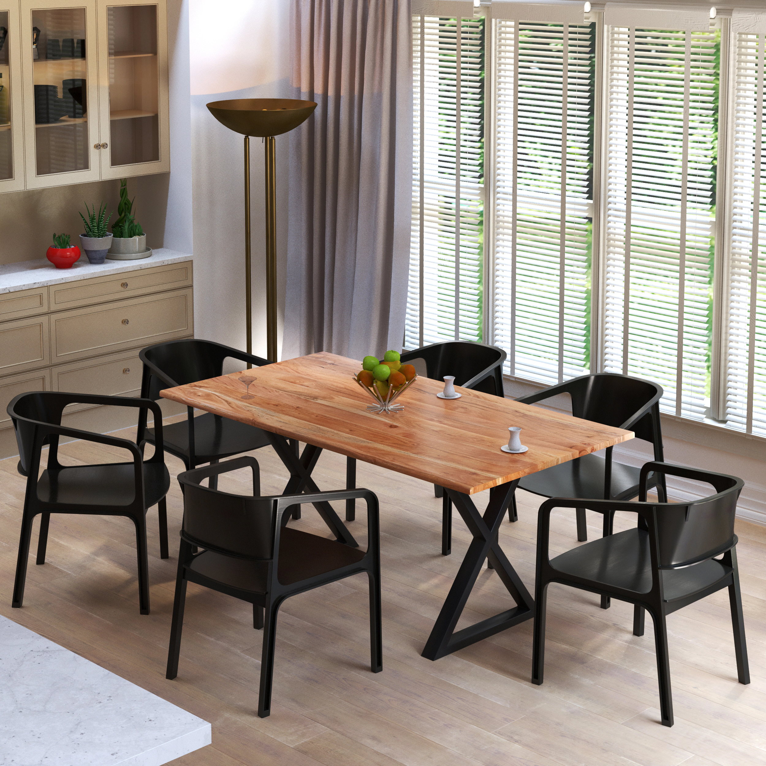The Urban Port 67 Inch Rectangular Dining Table with Crossed Black Metal Legs and Faux Live Edge Acacia Wood Top