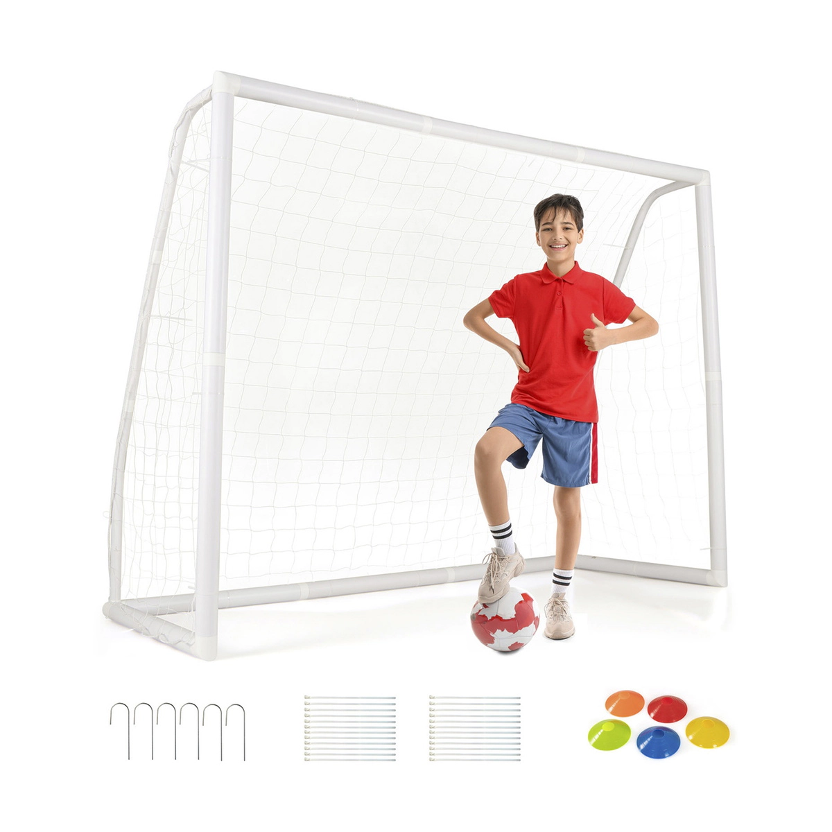 SUGIFT 8-ft by 6-ft Weather-Resistant UPVC Soccer Goal with Sturdy PE Net Ground Stakes and 5 Cones