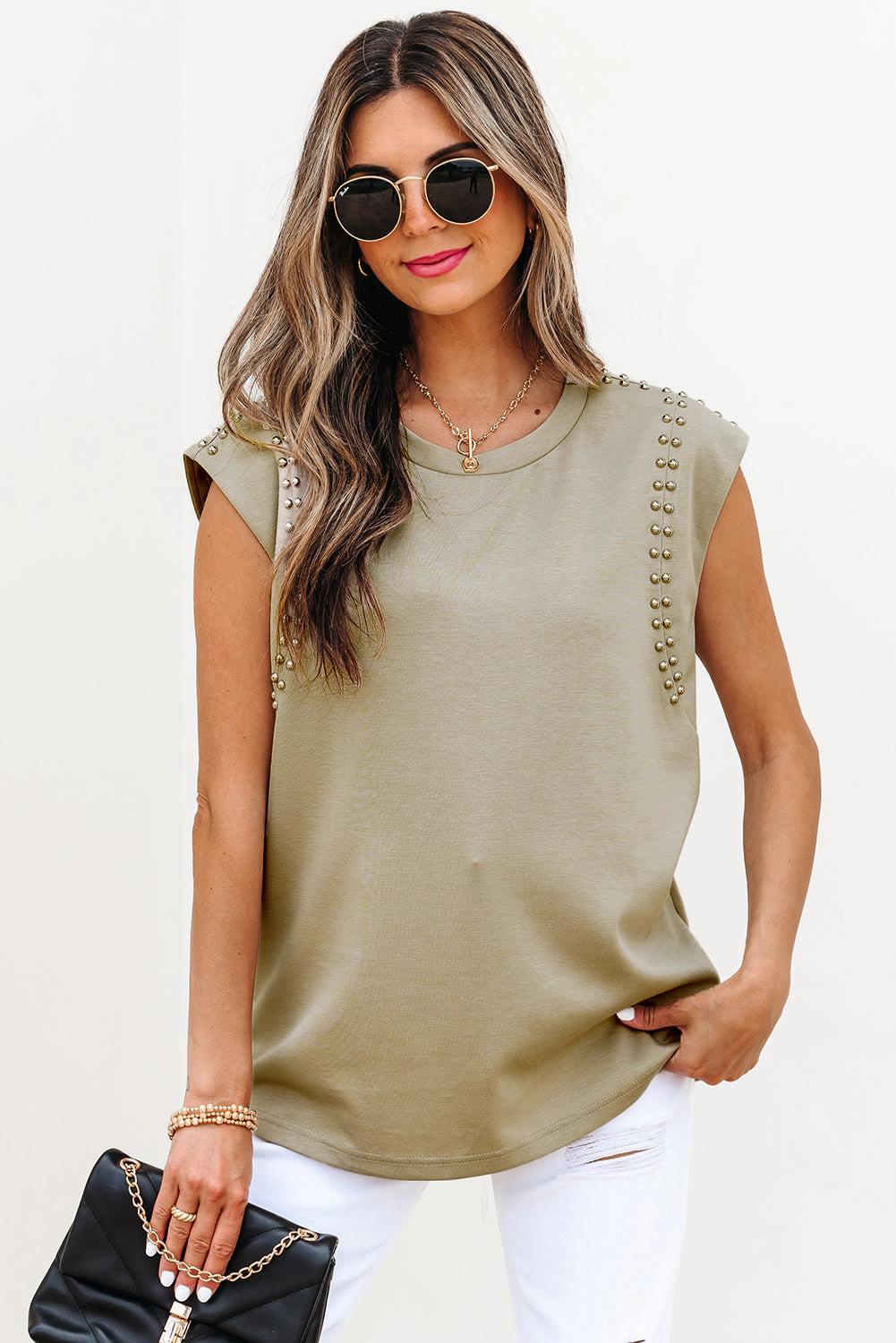 Threaded Pear Women's Julietta Studded Cap Sleeve Round Neck Top