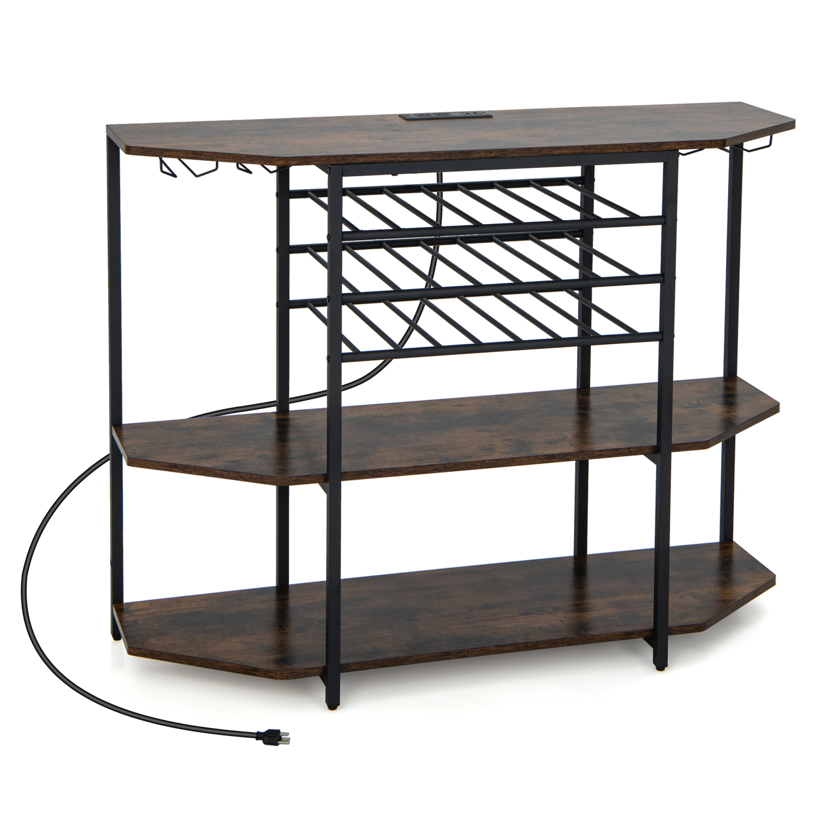 SUGIFT 47.5-in Coffee Bar Cabinet with Power Outlet 3-Tier Wine Sideboard 21-Bottle Rack and Glass Holder