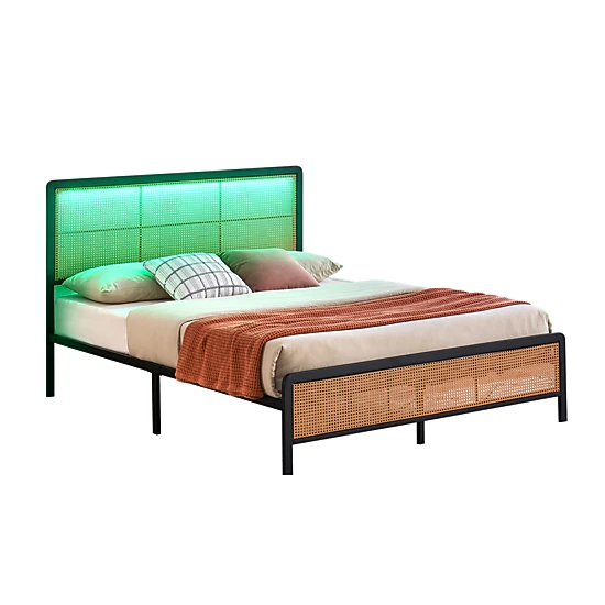BebreezChic Modern Boho Rattan Metal Platform Bed Frame with Smart RGB ...