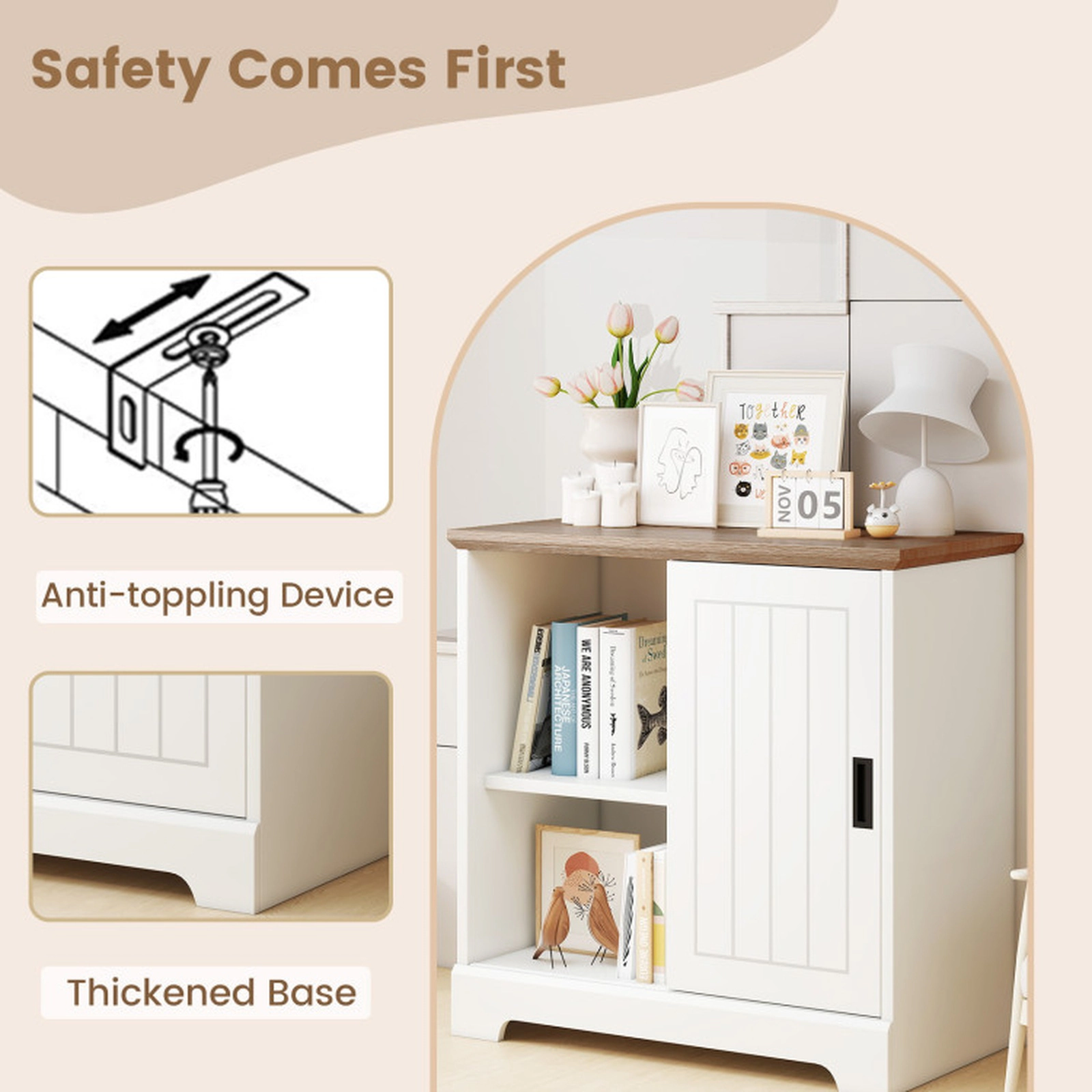 SUGIFT Farmhouse Sliding Door Sideboard Buffet Cabinet Kitchen Pantry 66-lb Tabletop Capacity Ivory and Oak