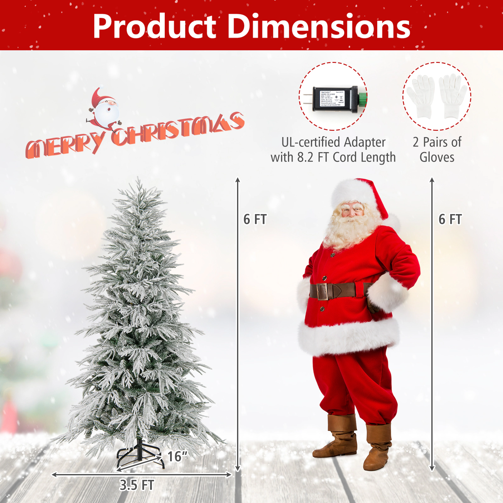 LJG Snow-Flocked Artificial Christmas Tree Pre-Lit Hinged Xmas Tree with Warm White LED Lights