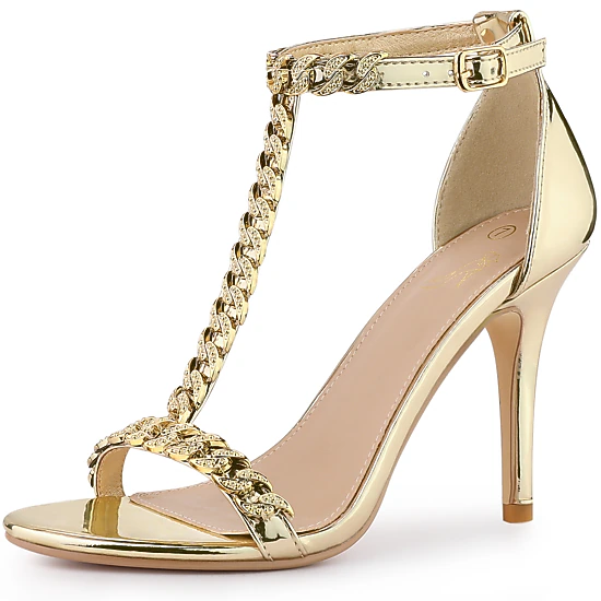 BLISSFUL STEP Women's Rhinestone T Strap Ankle Strap Stiletto Heels Sandals