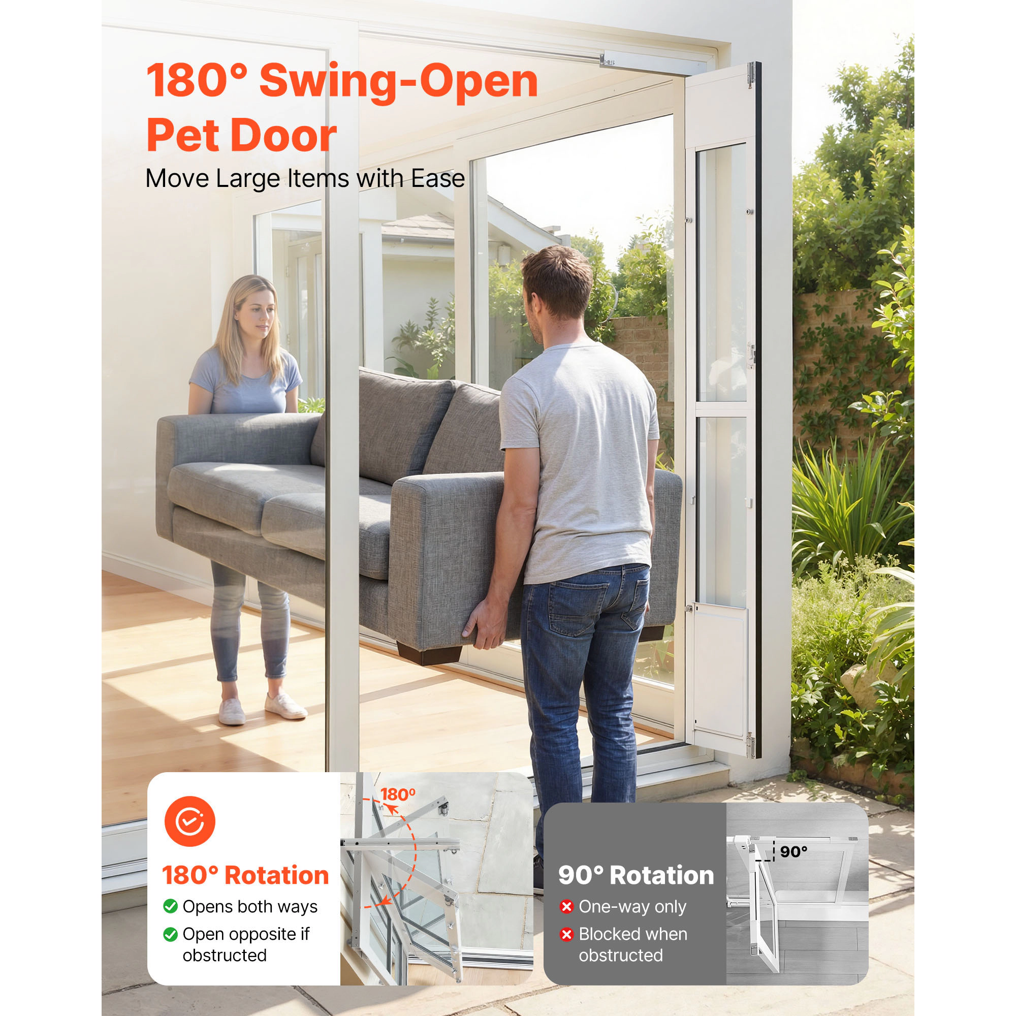 HONGGE 180° Swing Sliding Glass Dog Door for Medium Dogs up to 40 lbs, Weatherstripped Aluminum Alloy Frame