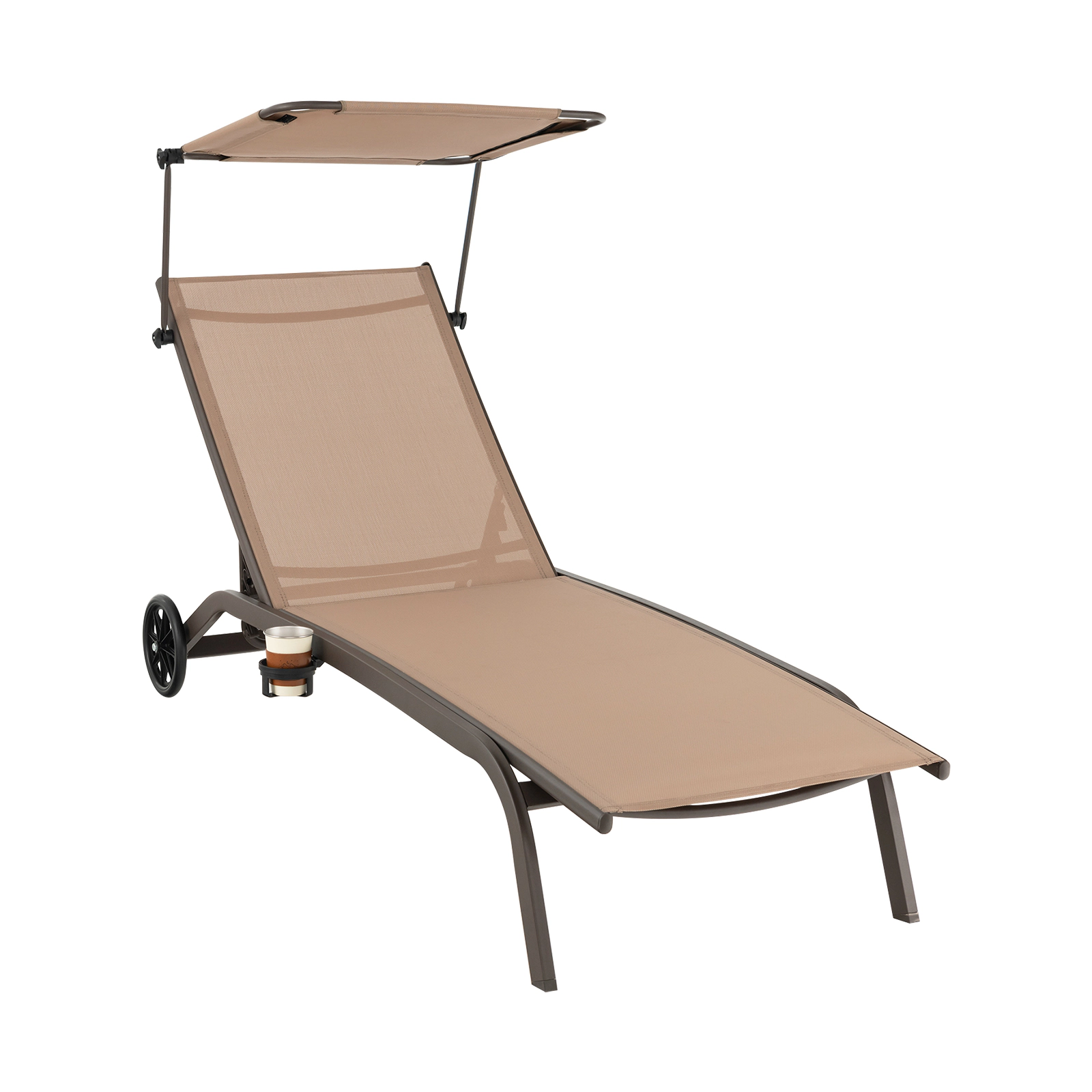 SUGIFT 6-Position Heavy-Duty Adjustable Patio Chaise Lounge Chair with Canopy Cup Holder & Wheels 330-lb Capacity Brown