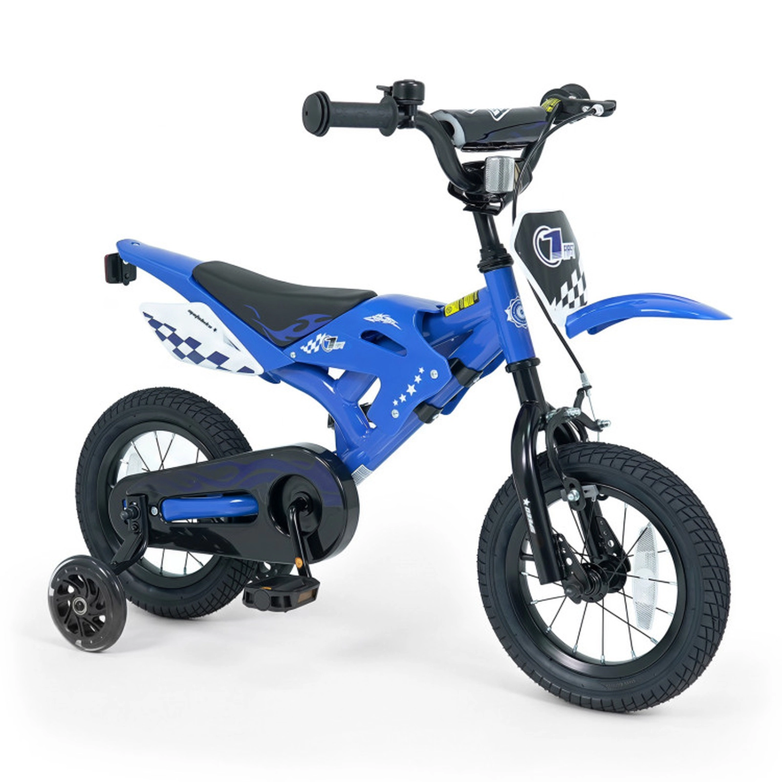 SUGIFT Motorcycle-Inspired 12-Inch Kids Bicycle with Training Wheels 143-lb Capacity Ages 3-4 Years Blue