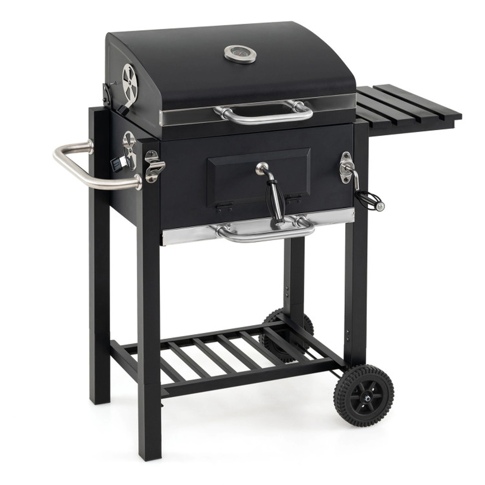 SUGIFT Portable Black Charcoal Barbecue Grill with Adjustable Charcoal Tray Thermometer and Wheels