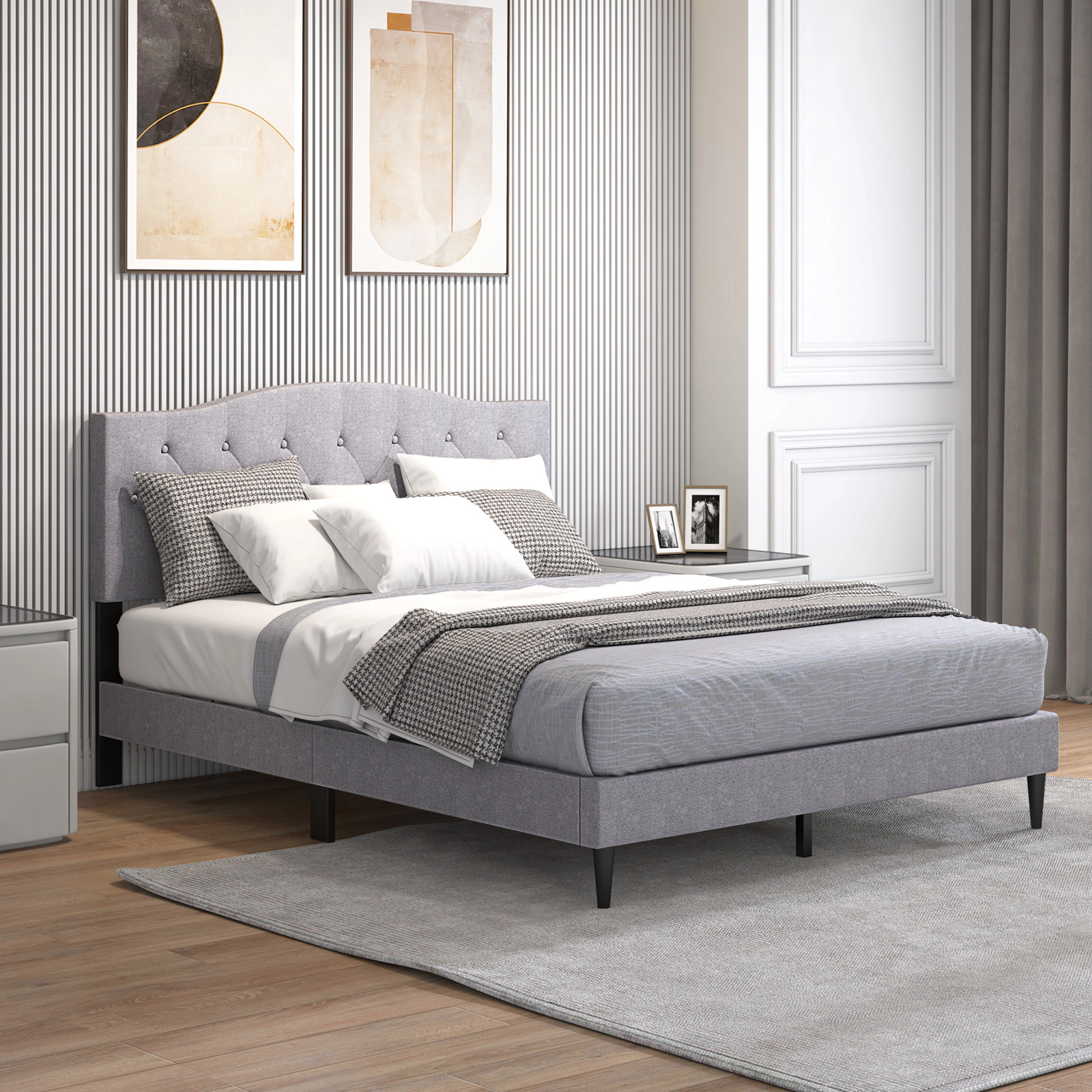 SUGIFT Button Tufted Upholstered Queen Platform Bed Frame with Linen Headboard 800-Lb Capacity 85.5-in Length Gray