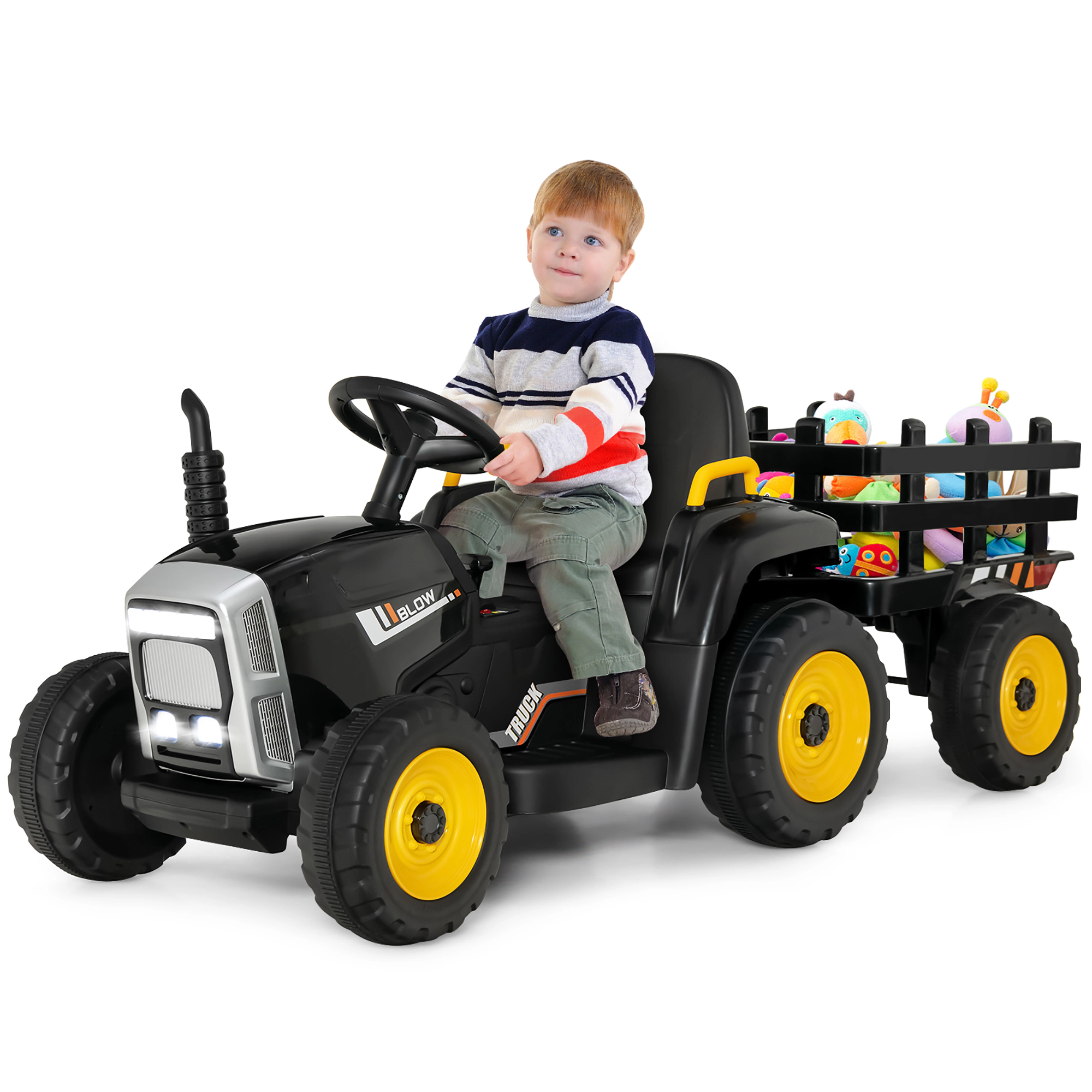 Costway 12V Kids Ride On Tractor with Trailer Ground Loader w/ RC & Lights