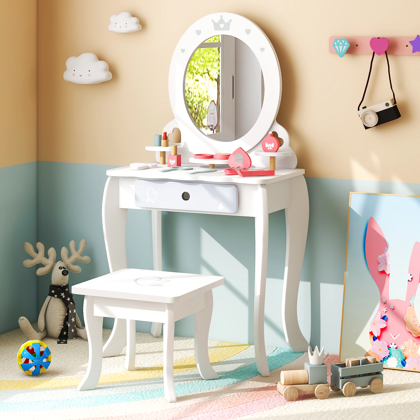 SUGIFT 2-in-1 Princess Makeup Table and Chair Set with Removable Mirror 110-lb Capacity Ages 3+ White