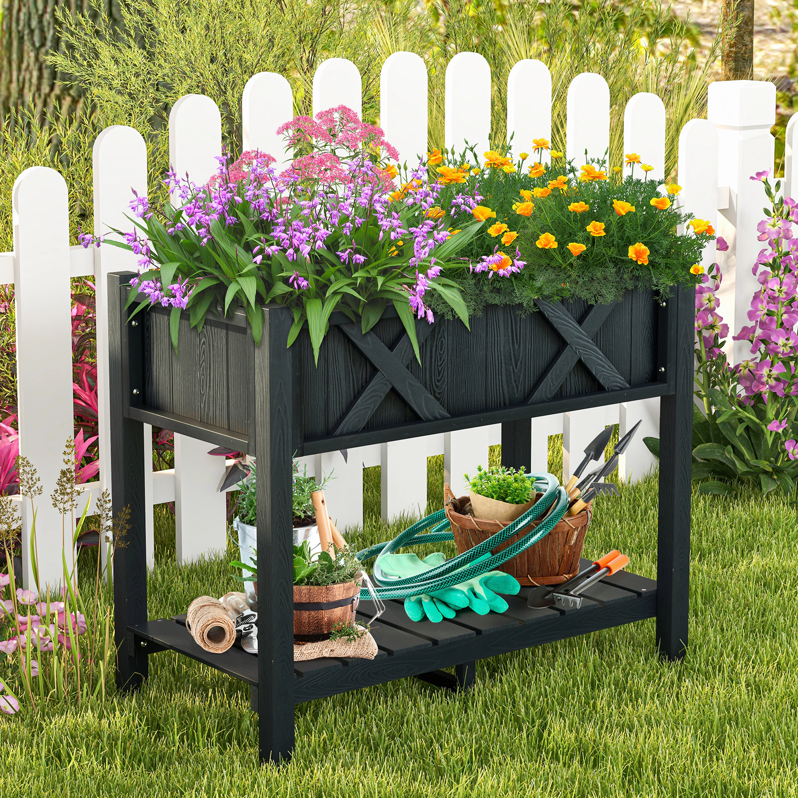 SlickBlue Outdoor Elevated Garden Planter with Bottom Storage Shelf
