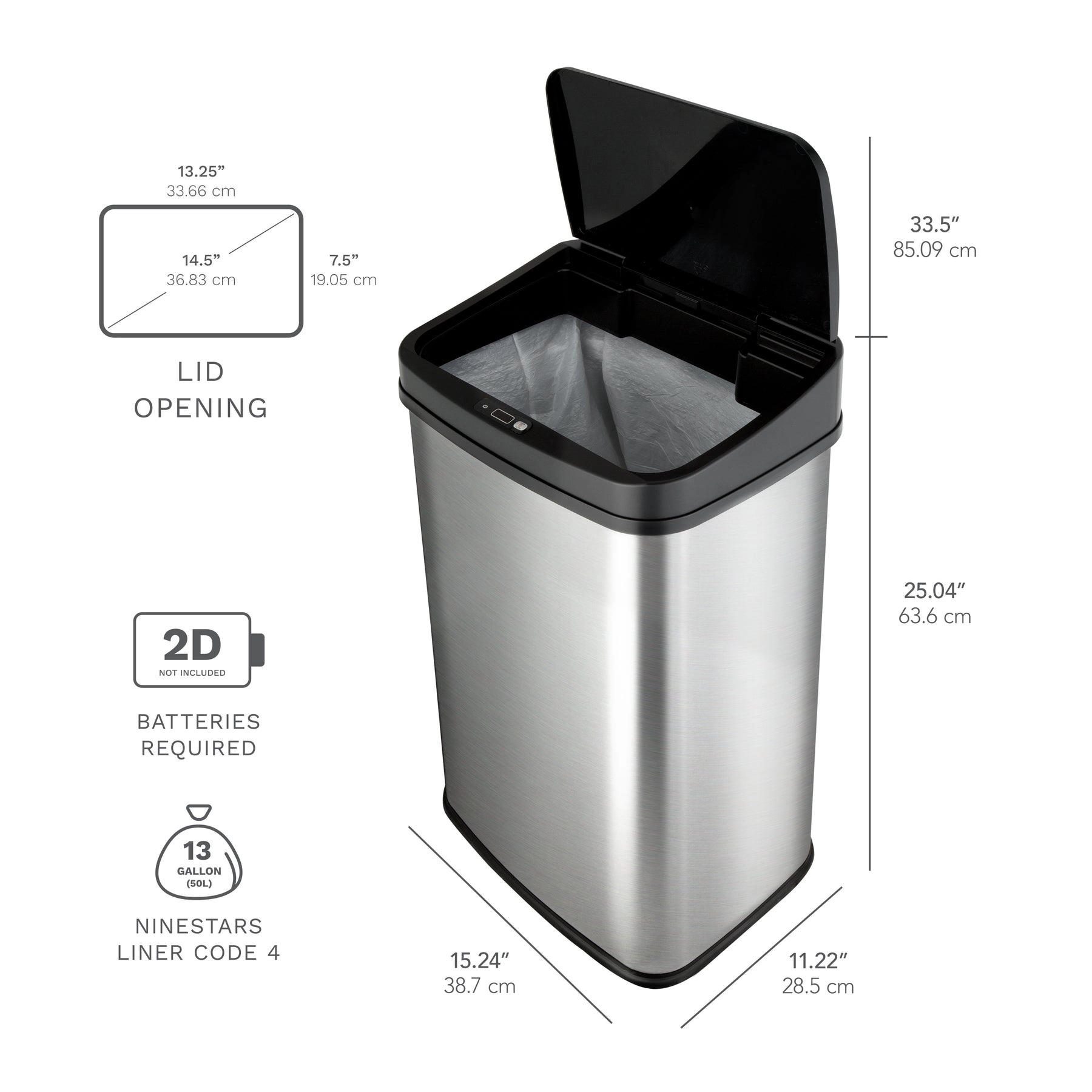 Ninestars Rectangular 13.2-Gallon Stainless Steel Motion Sensor Trash Can