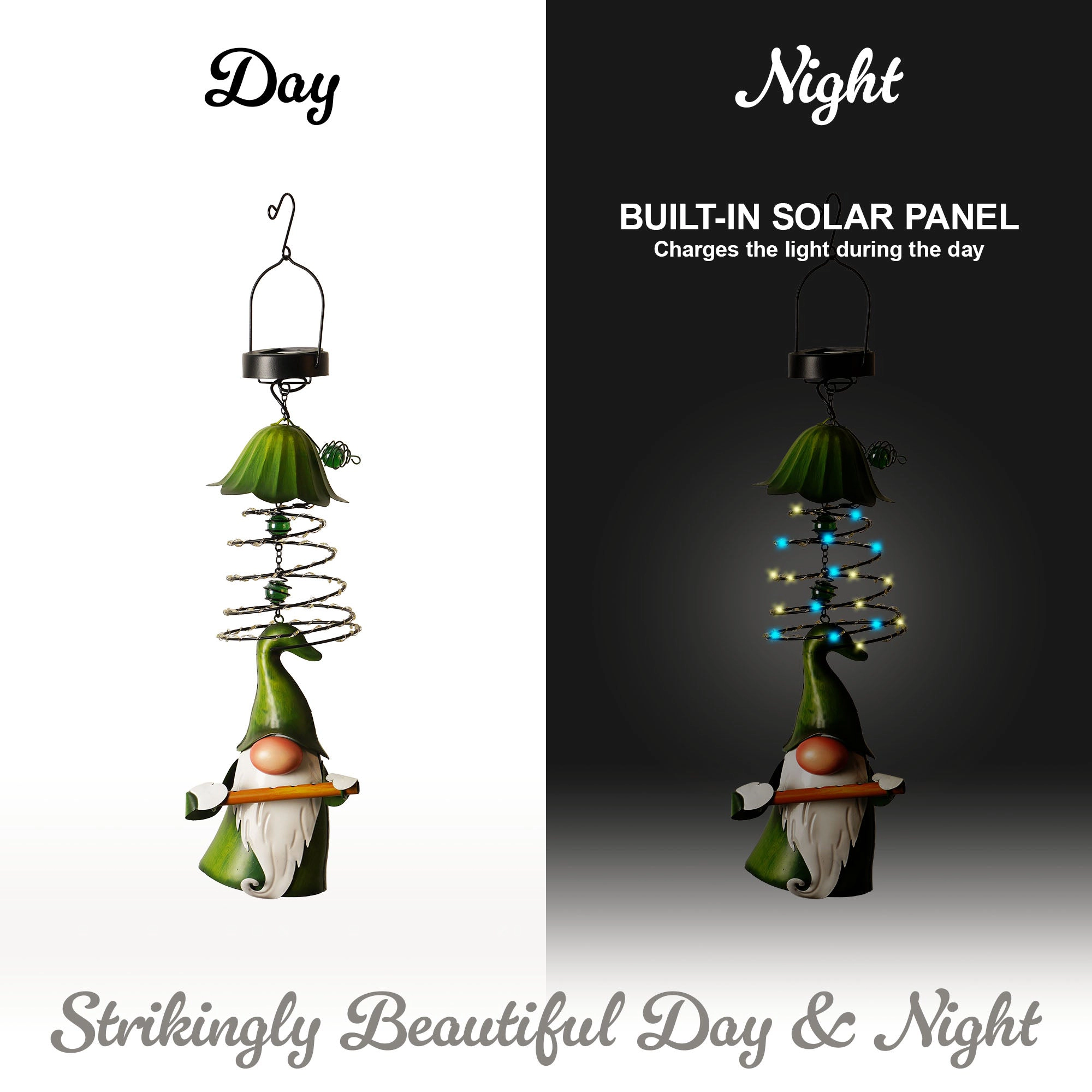 G128 Solar Hanging Gnome 26in, Green Hat, Color-Changing LEDs