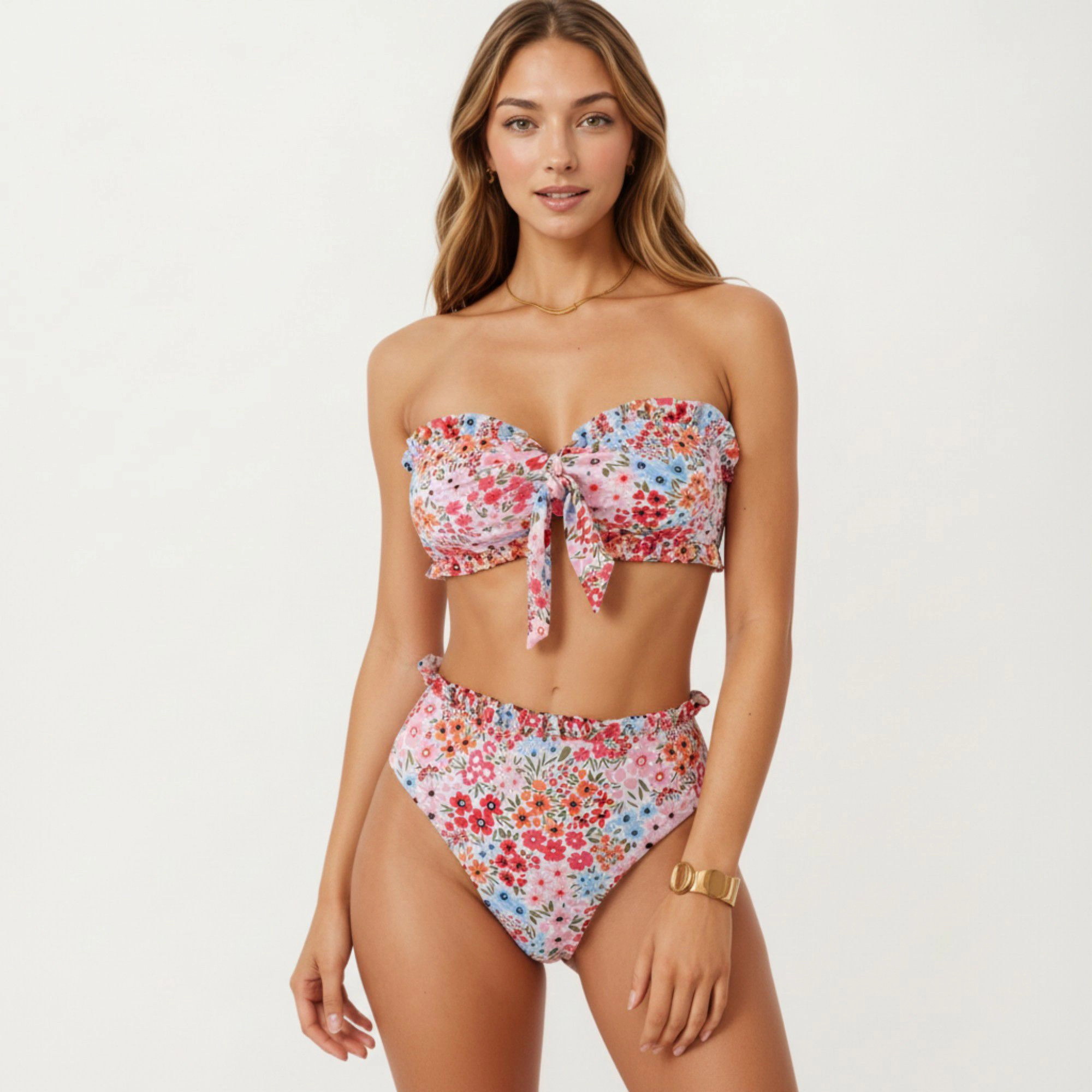 Anna-Kaci Women's 2-Piece Strapless Bandeau Bikini Set with Front Tie Knot Top High Waisted Ruffle Trim Bottom