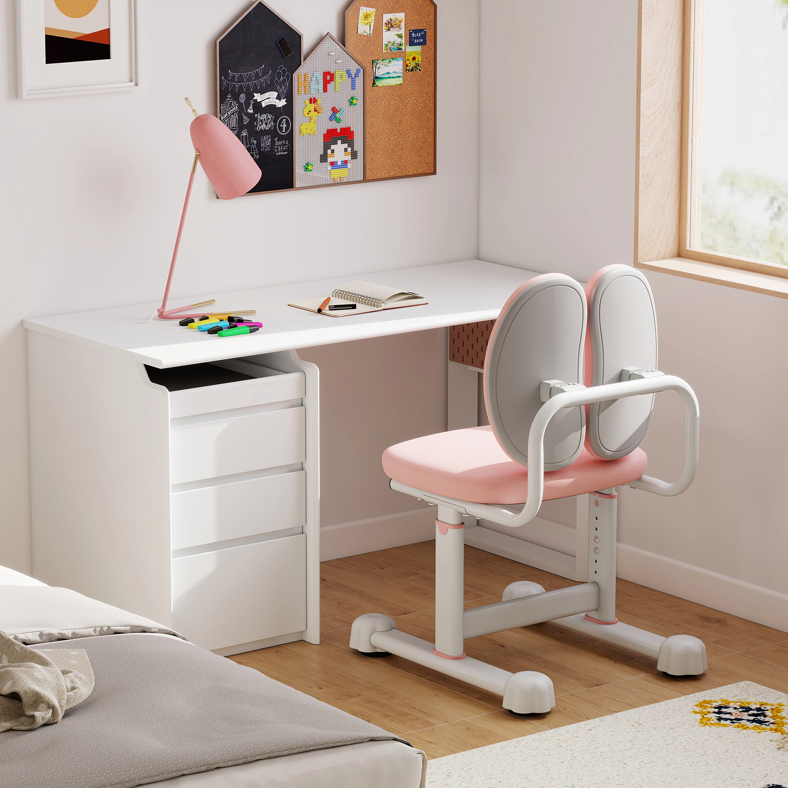 SUGIFT Kids Desk Chair Pink Study Chair with Double Back Support and Adjustable Height