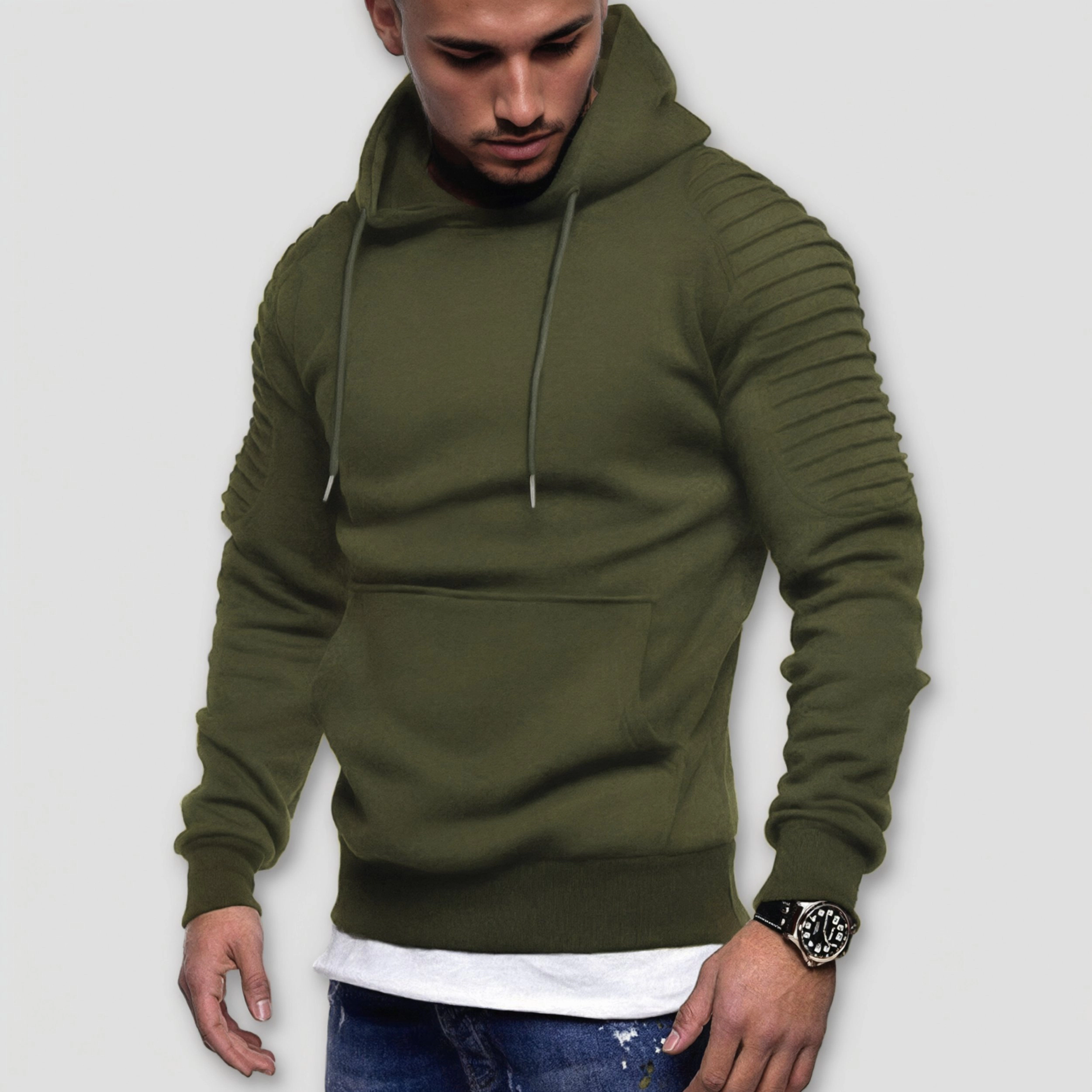 COOFANDY Men's Regular Fit Ribbed Sleeve Pullover Hoodie