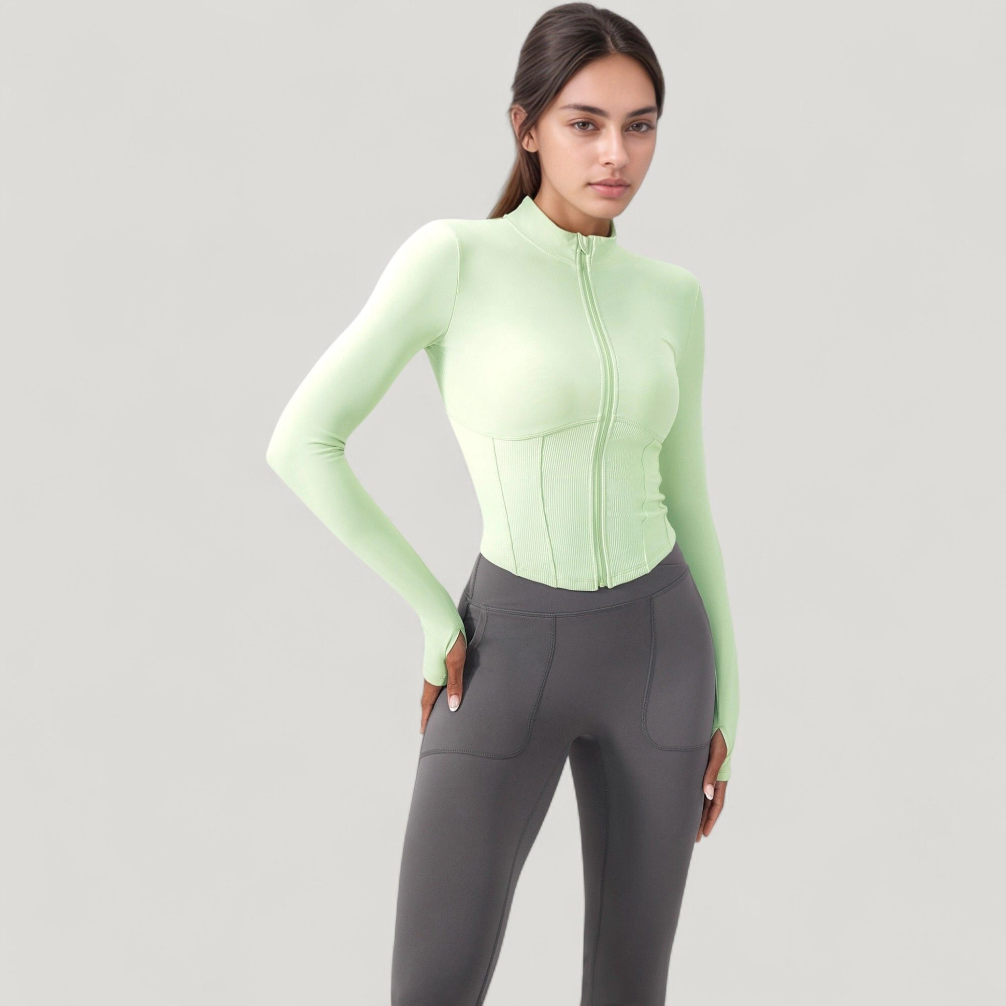 Anna-Kaci Women's Long Sleeve Zip-Up Cropped Active Jacket with Thumbhole Cuffs and Slim Fit Design