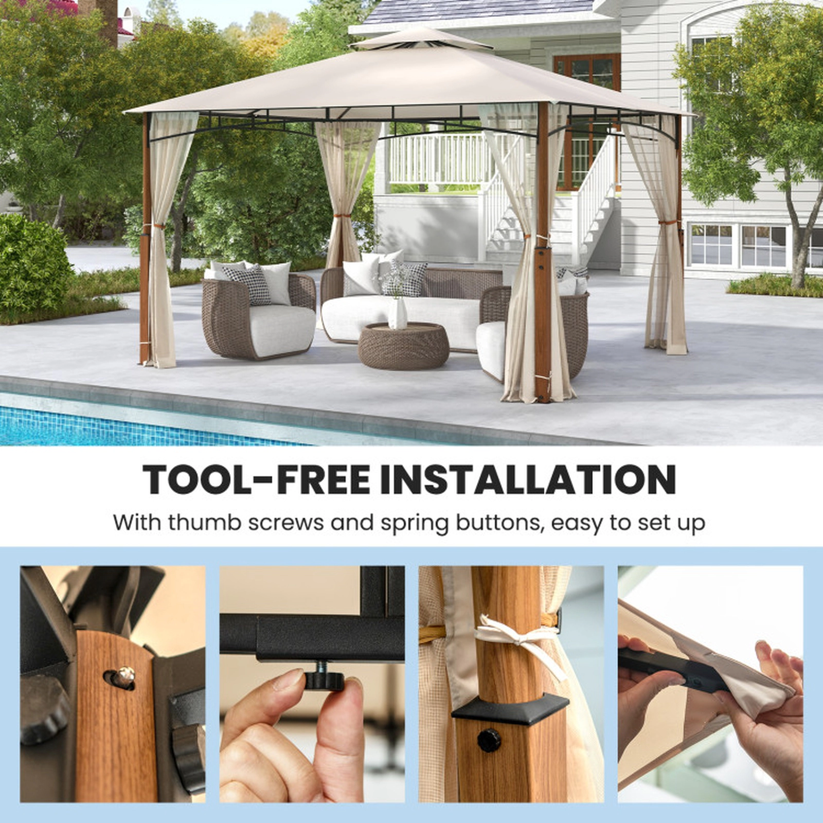 SUGIFT 12-ft x 10-ft Beige Patio Gazebo with Mosquito Netting 2-Tier Vented Roof and Wood Grain Columns