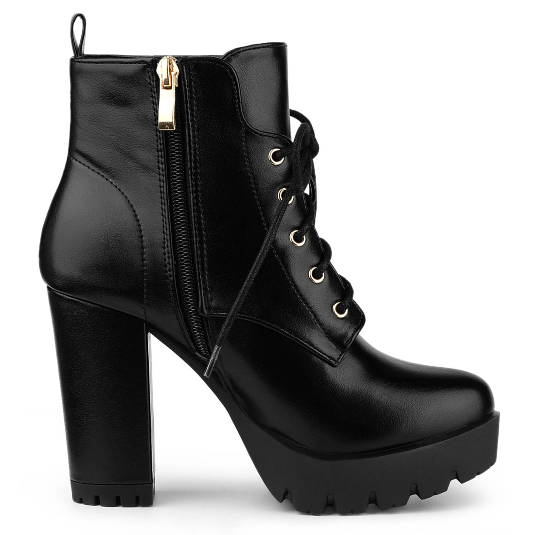 BLISSFUL STEP Women Round Toe Chunky Heel Lace Up Platform Ankle Boots