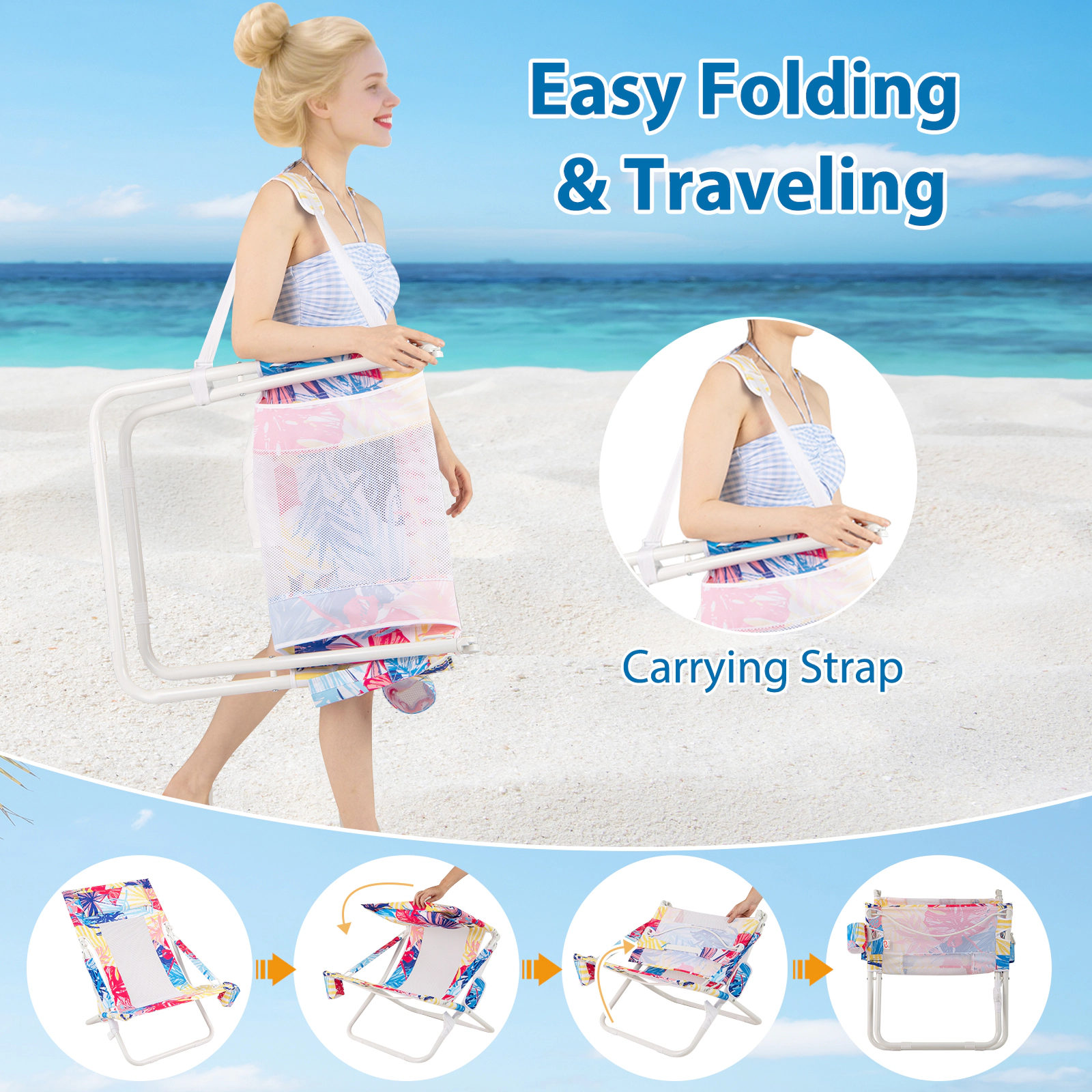 SUGIFT Set of 2 Pink Low Folding Beach Sling Chairs with Headrests, Cup Holders and Towel Racks