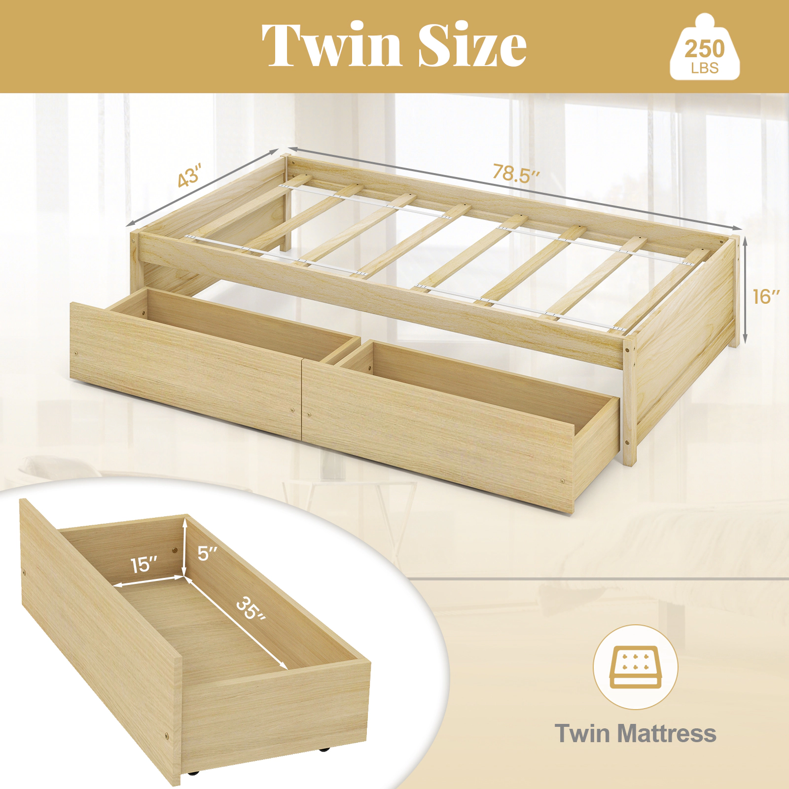 LJG Twin Size Captain Bed with 2 Drawers and Slats