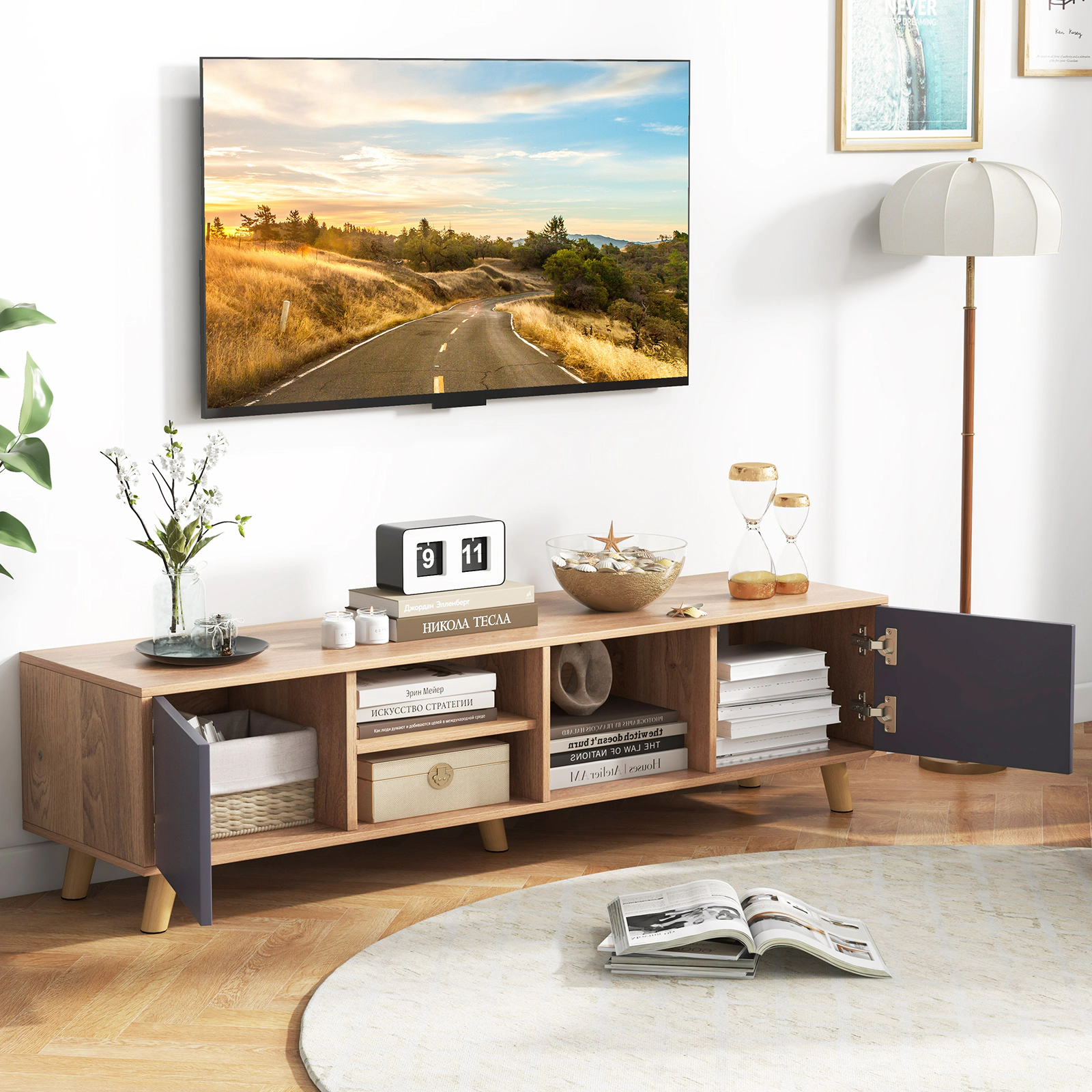SUGIFT 56 in TV Stand Natural and Gray Cabinet for TVs up to 65 in with Open Shelf