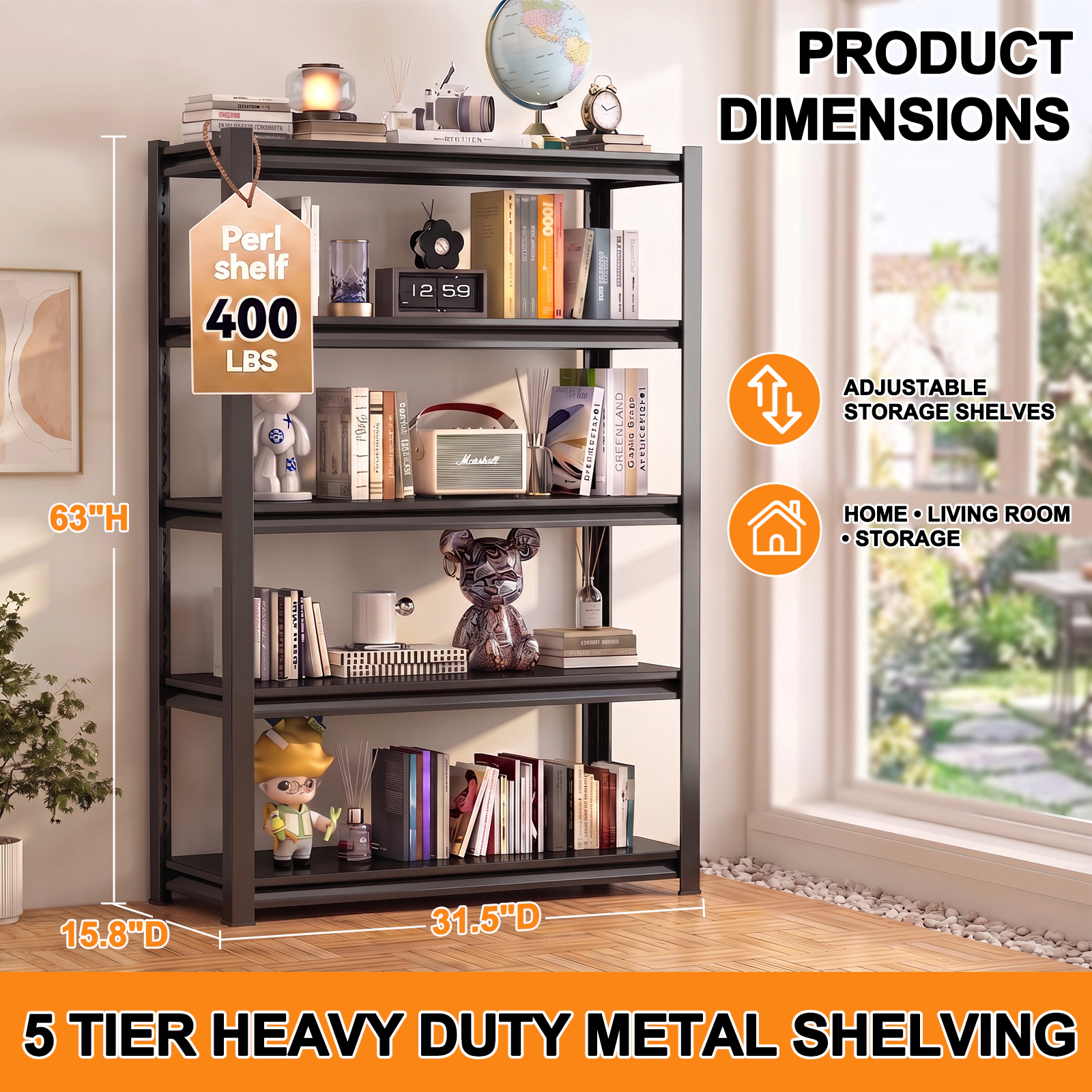Flynama 5-Tier Adjustable Metal Shelf, 31.5x15.8x63in, Storage Unit for Living Room, Kitchen, Garage and Tool Room