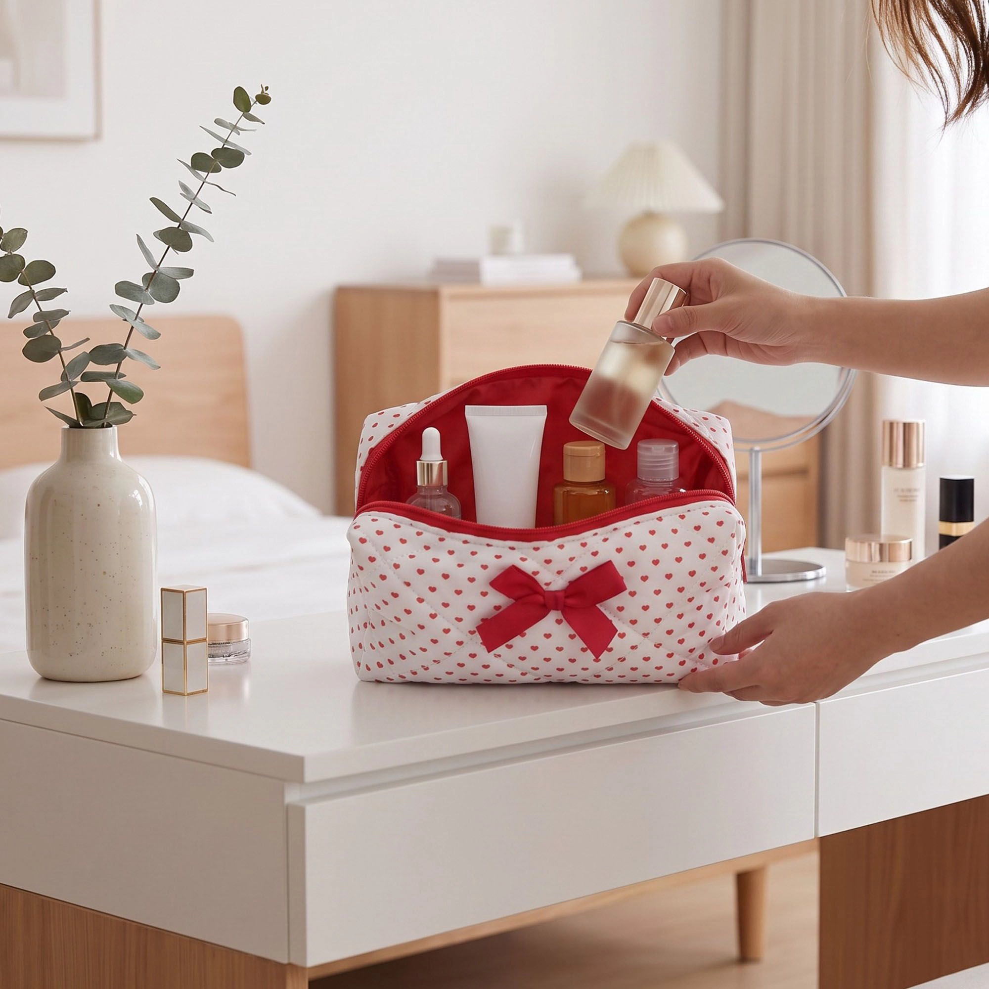 Alilang Unisex Quilted Heart Print Makeup Bag with Bow Cosmetic Pouch