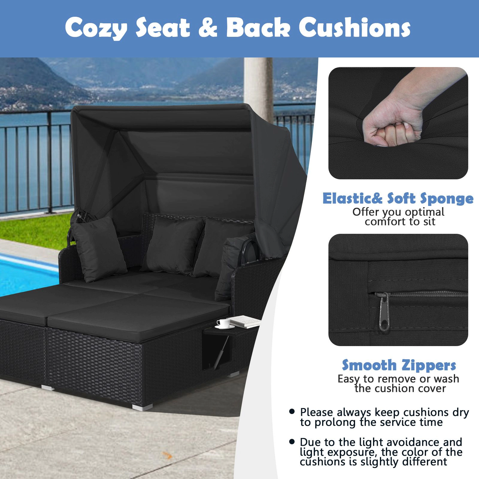 SlickBlue Outdoor Wicker Daybed with Retractable Canopy and Side Trays
