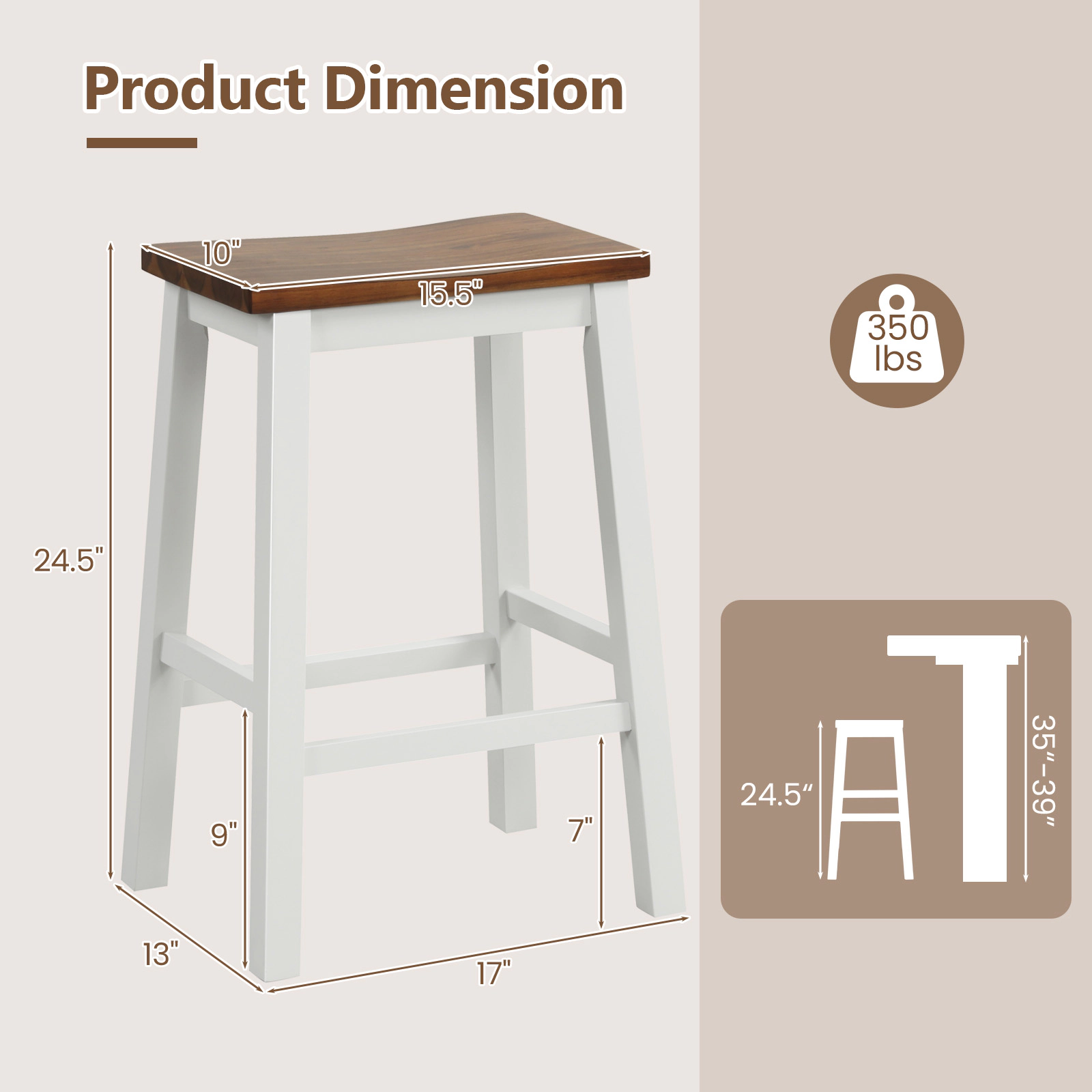 SUGIFT 24.5-in High Set of 2 Wooden Saddle Bar Stools with Footrests 350-lb Capacity for 35-39-in Tables Gray+Walnut