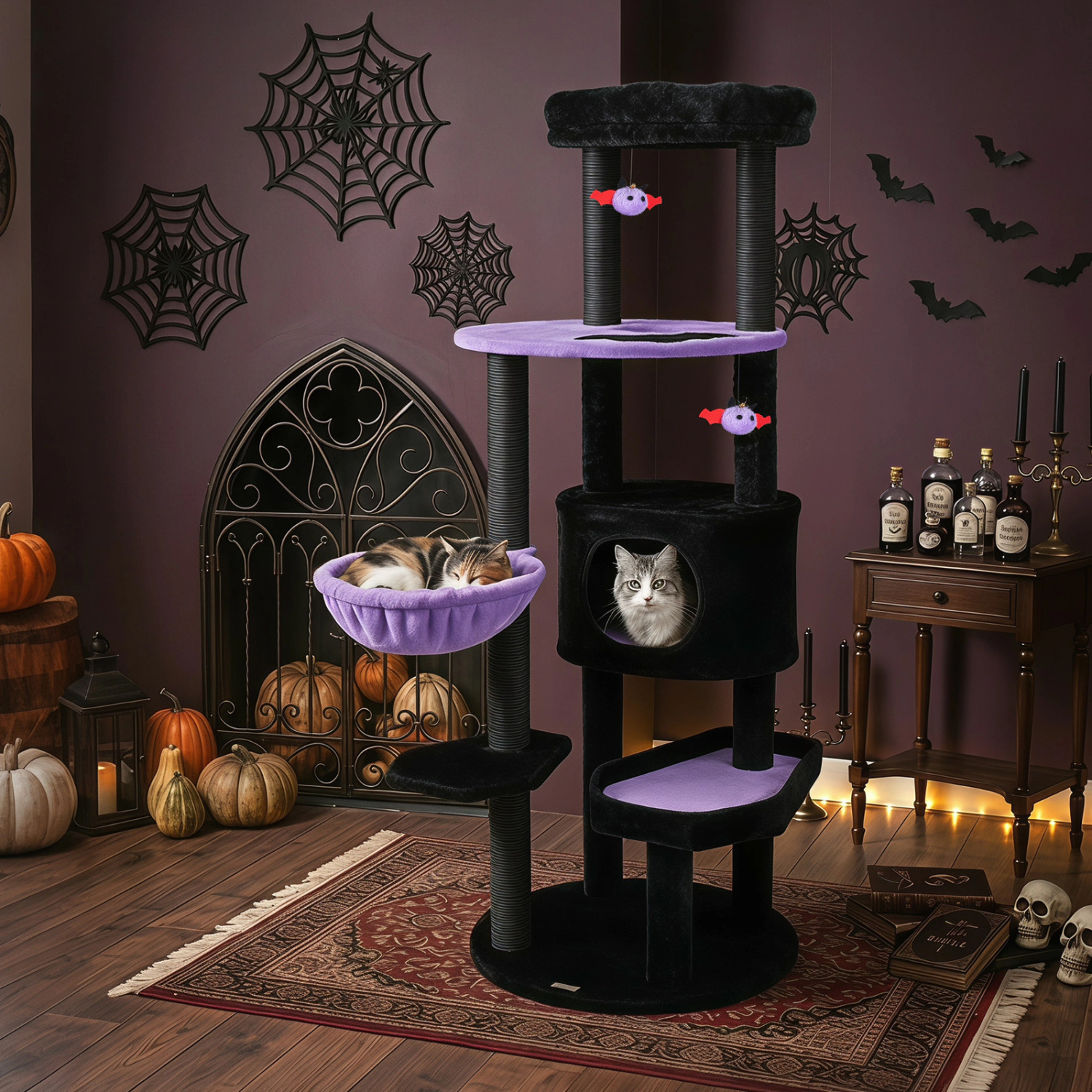 LJG 60" Gothic Cat Tower with Plush Perch and Spider Hanging Toys for Black Halloween