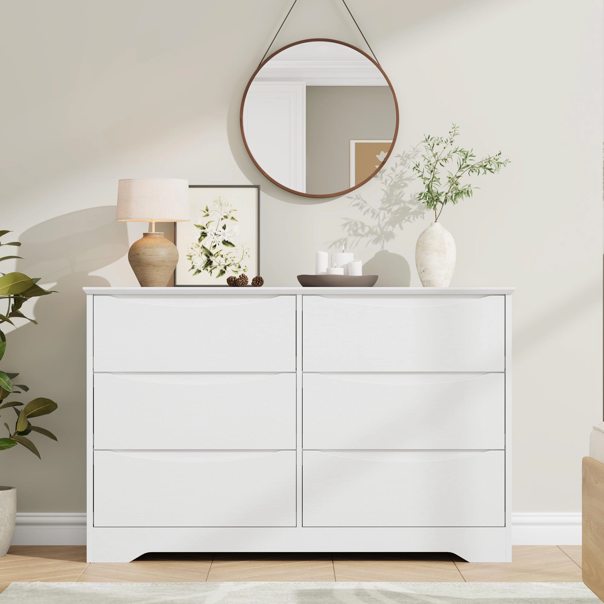 6 Drawer Modern Dresser with Hidden Handles, 47" Wide Large Double Storage Chest for Bedroom Living Room Hallway