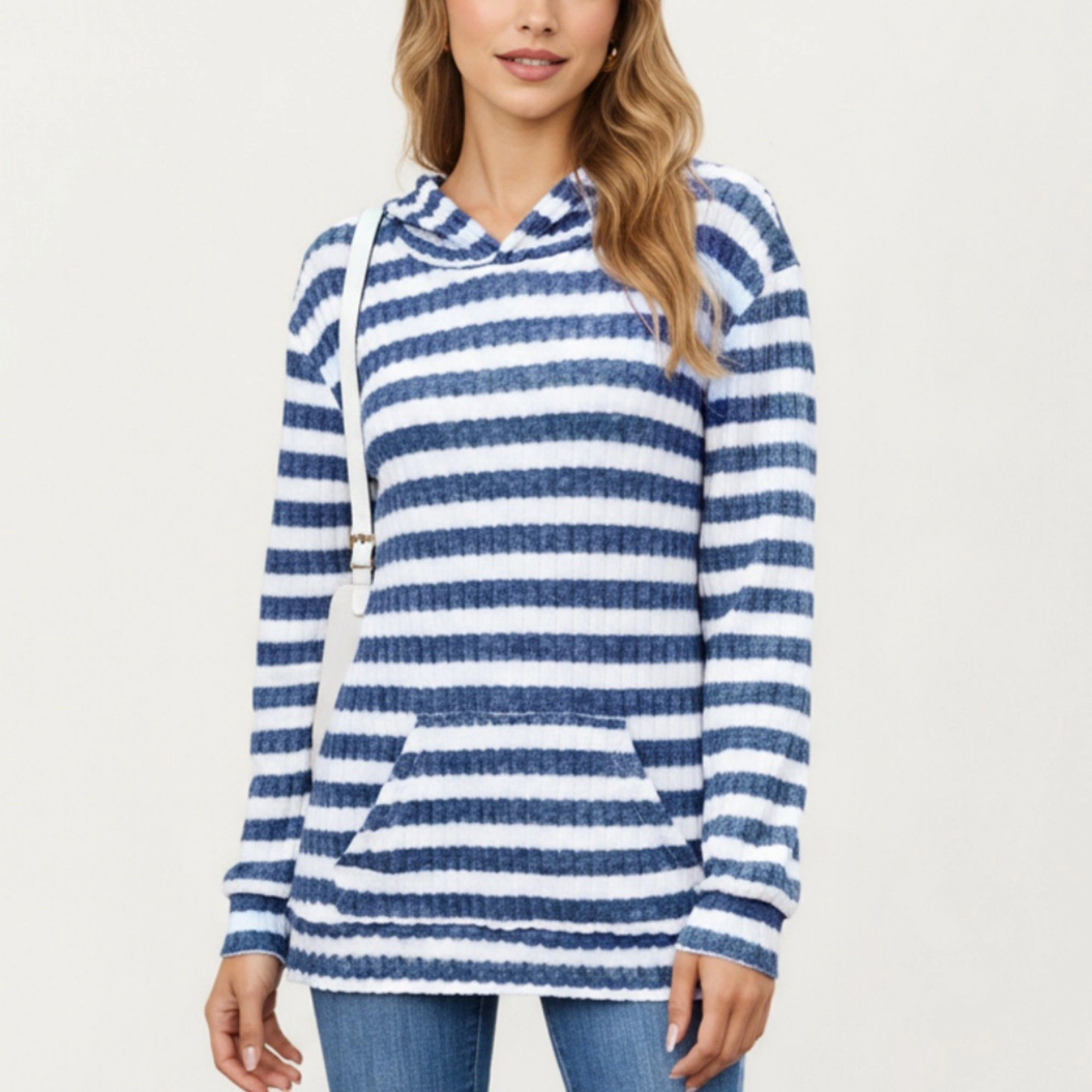 Anna-Kaci Women's Striped Ribbed Tunic Length Kangaroo Pocket Long Sleeve Knit Hoodie Top