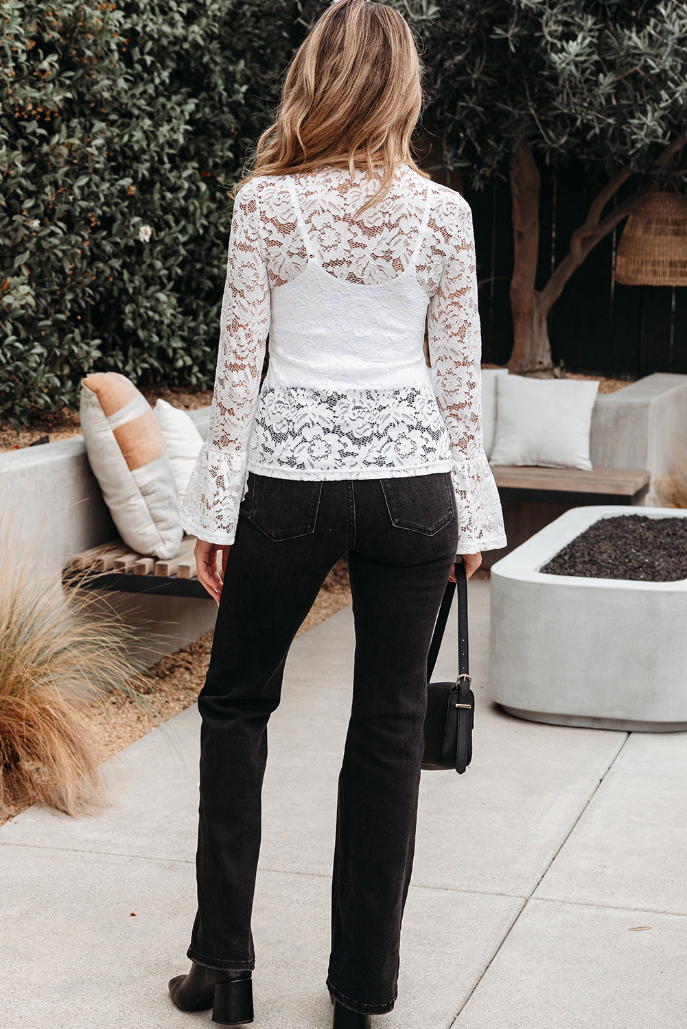 Threaded Pear Women's Alani Lace Crochet Bell Sleeve Blouse