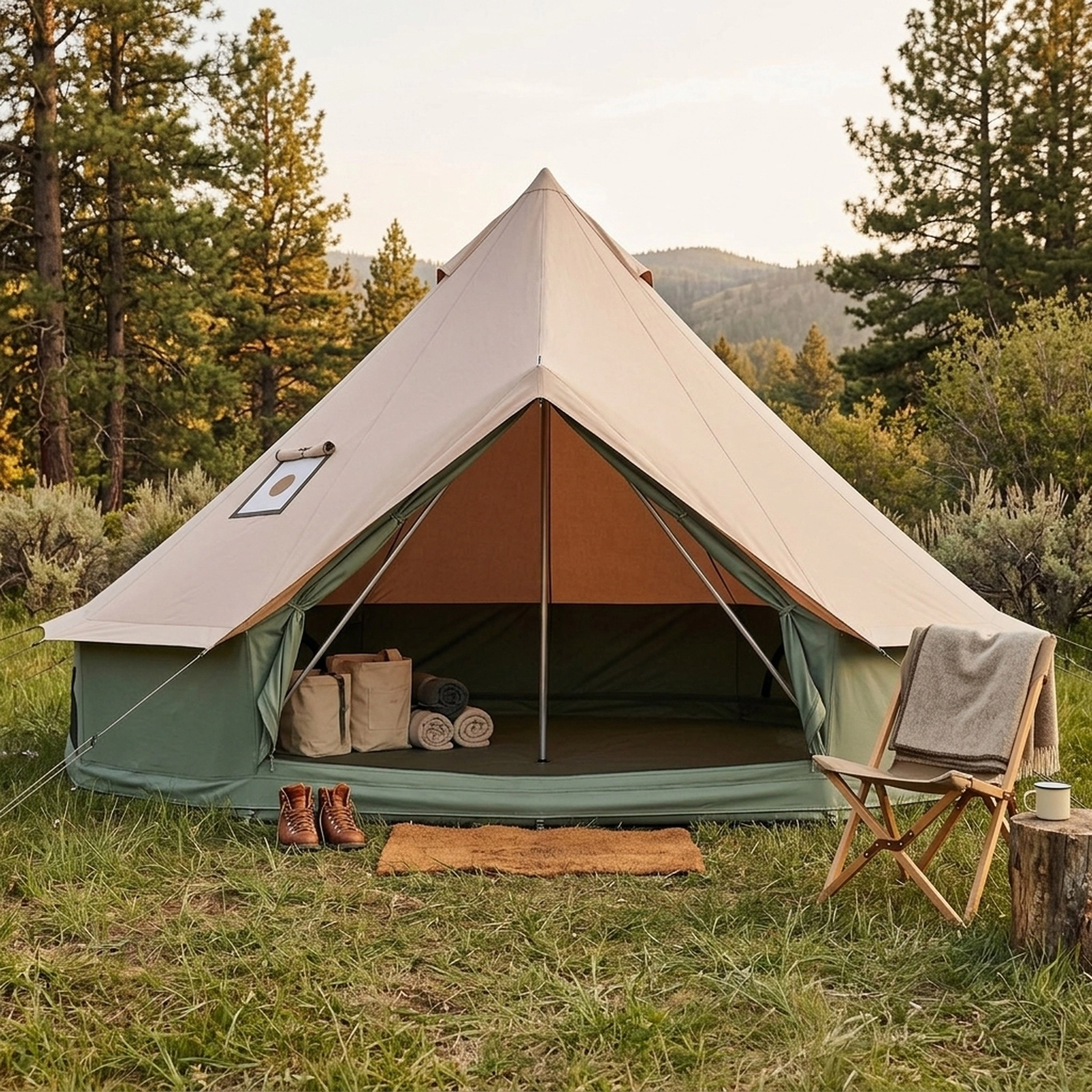 SUGIFT 4 to 6 Person Khaki Green 13.5 x 7.2-ft Waterproof Bell Tent with Stove Jack and Mesh Doors