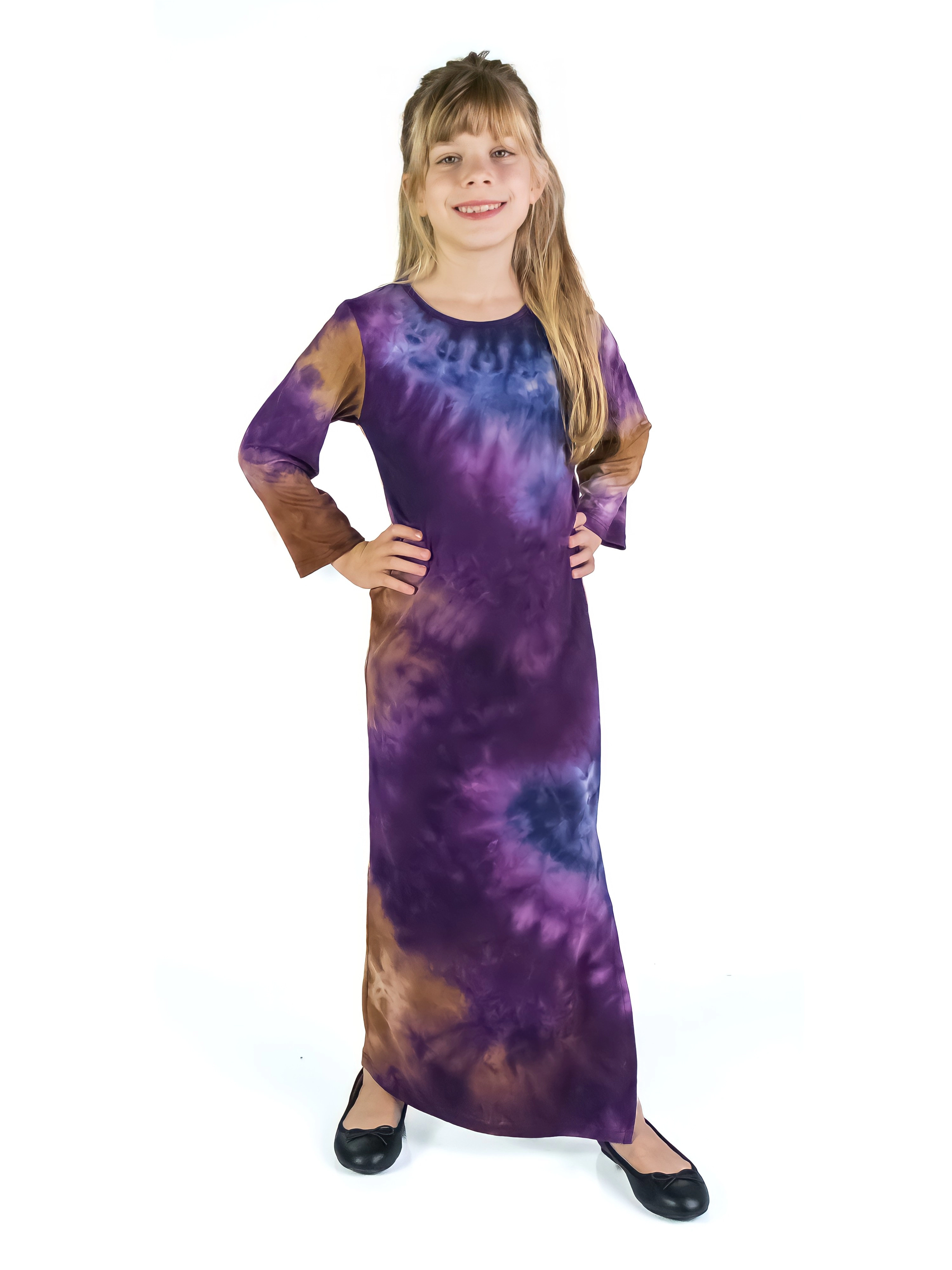24sevenKid Purple Tie Dye Girls Long Sleeve Side Slit Maxi Dress