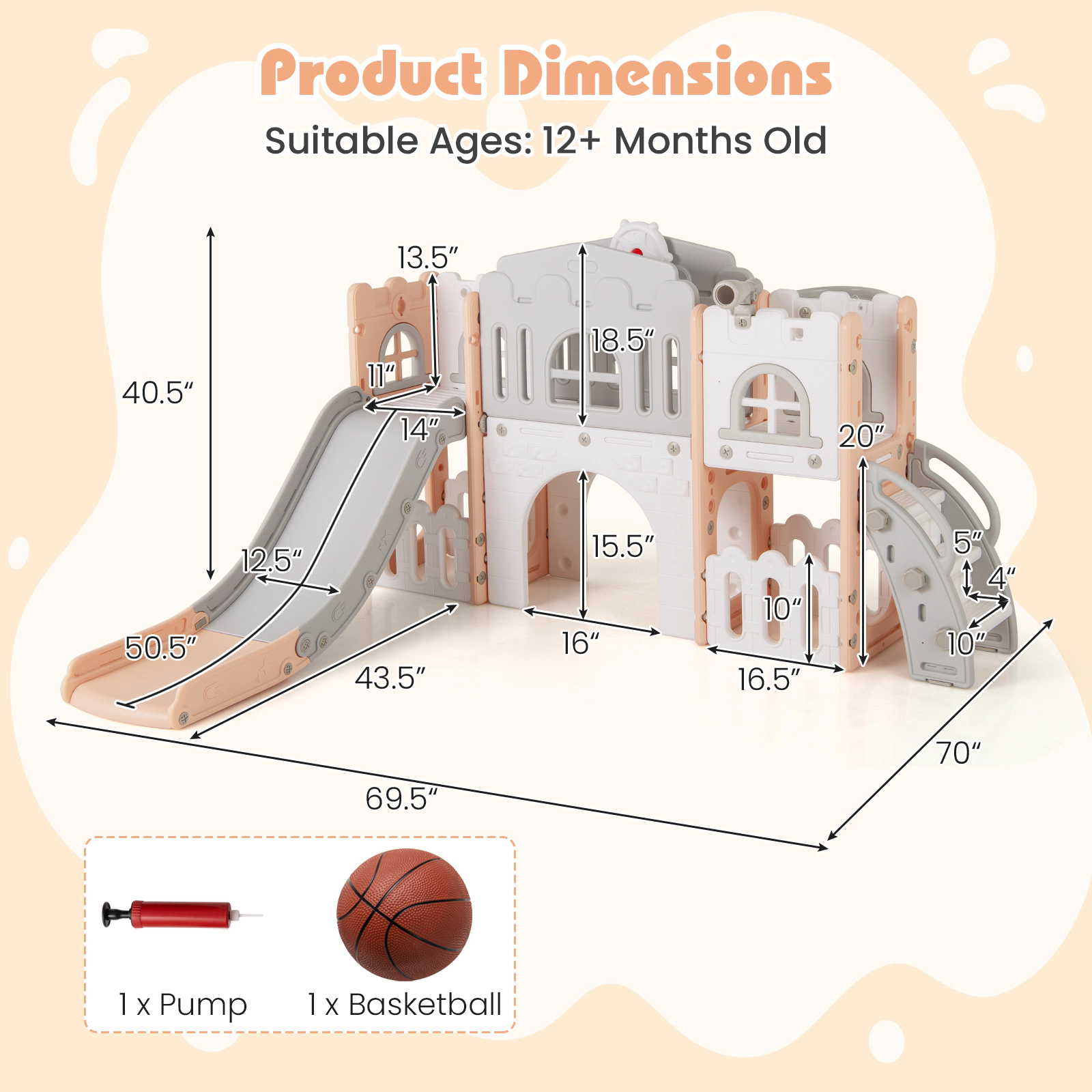 SUGIFT Pink Tunnel Climber and Basketball All-in-1 Toddler Slide Playset Indoor Playground