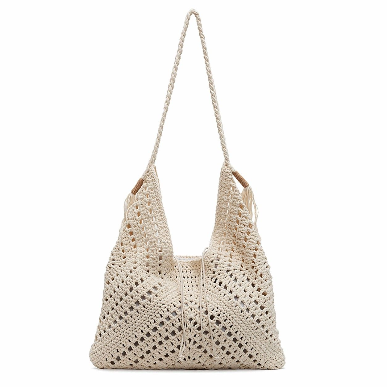 Alilang Women's Woven Crochet Hobo Shoulder Bag with Tassel Detail Soft Knit Slouchy Tote Drawstring Style, Beige