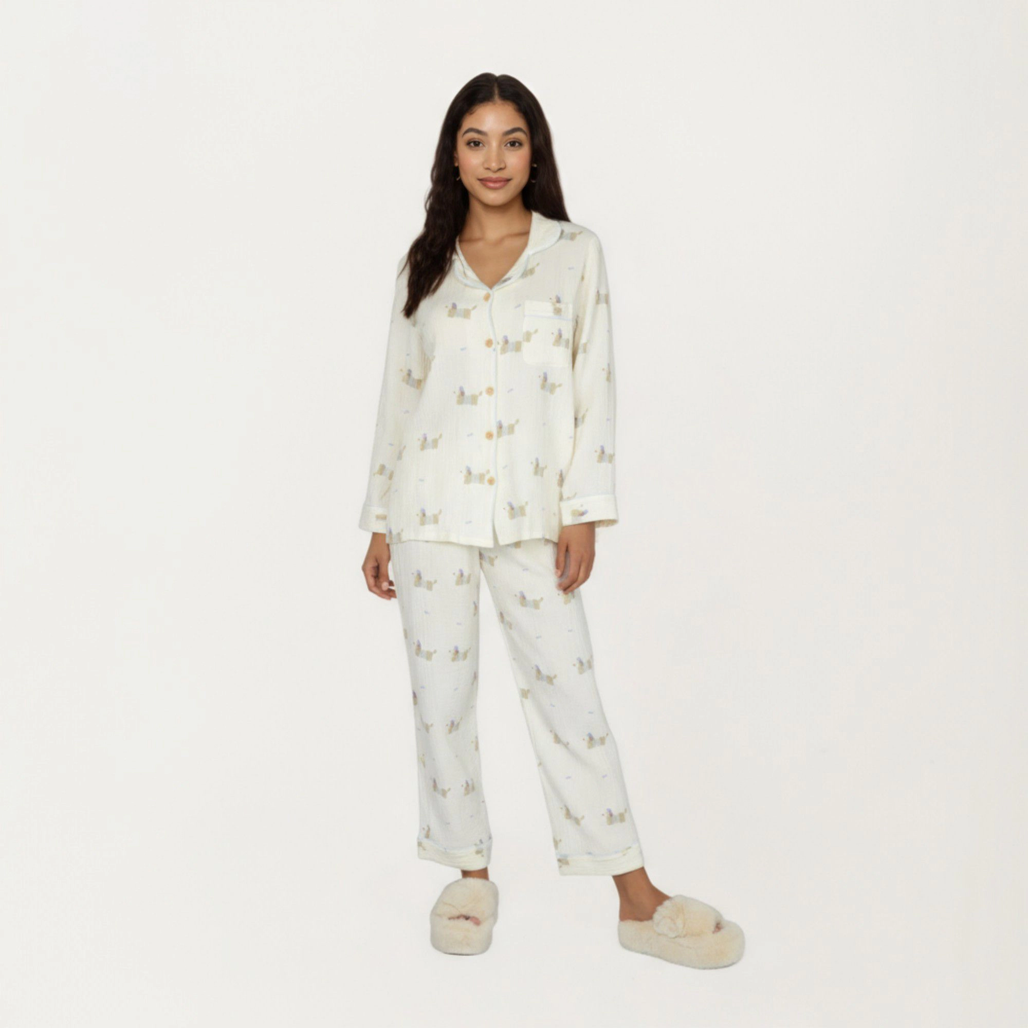 Anna-Kaci Women's 2-Piece Long Sleeve Button Front Top and Relaxed Fit Pants Pajama Set with Dog Print