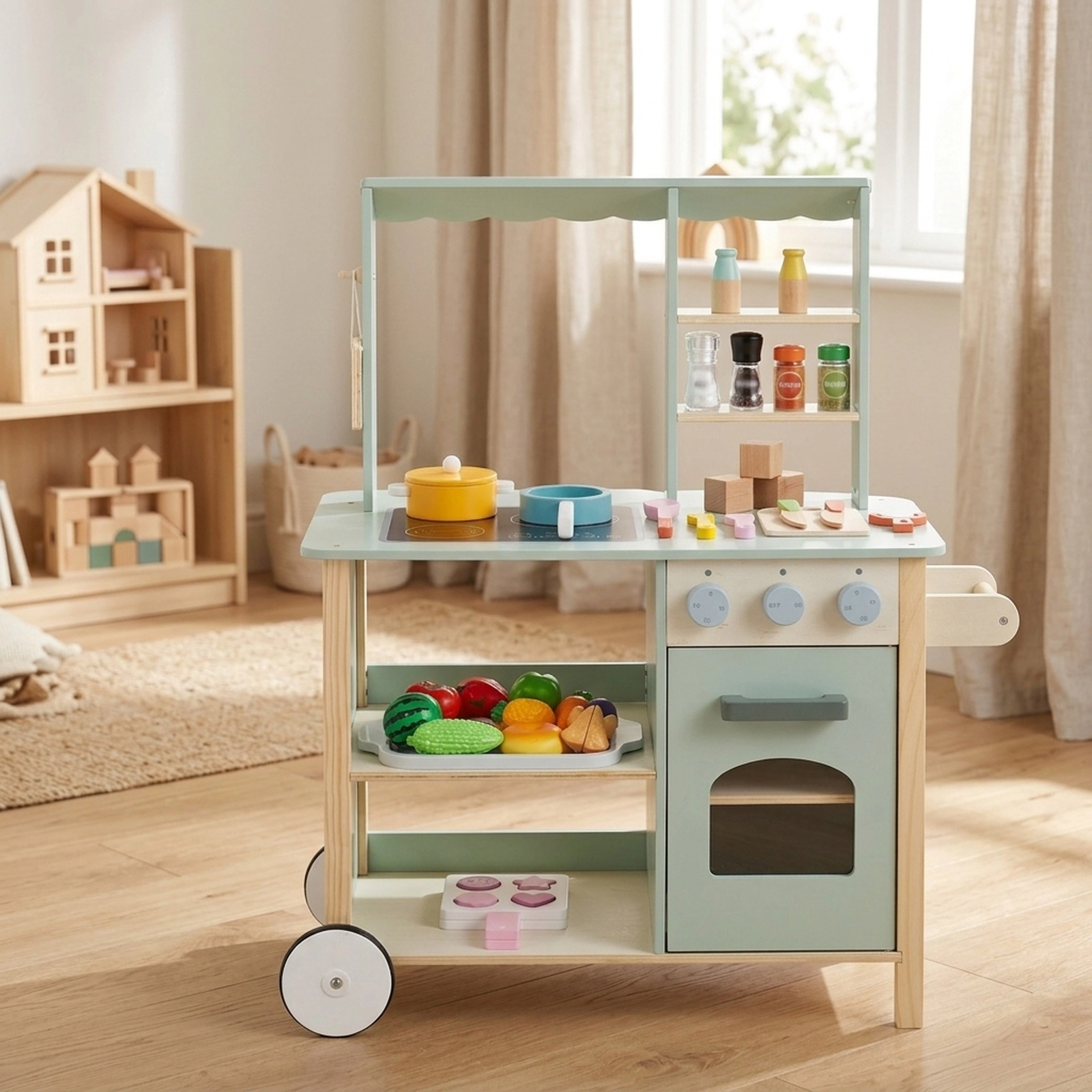 Wooden Kitchen Playset for Kids Rolling Wheels Oven Open Sign Cookware Accessories 26.5-in x 13.5-in x 32-in Green