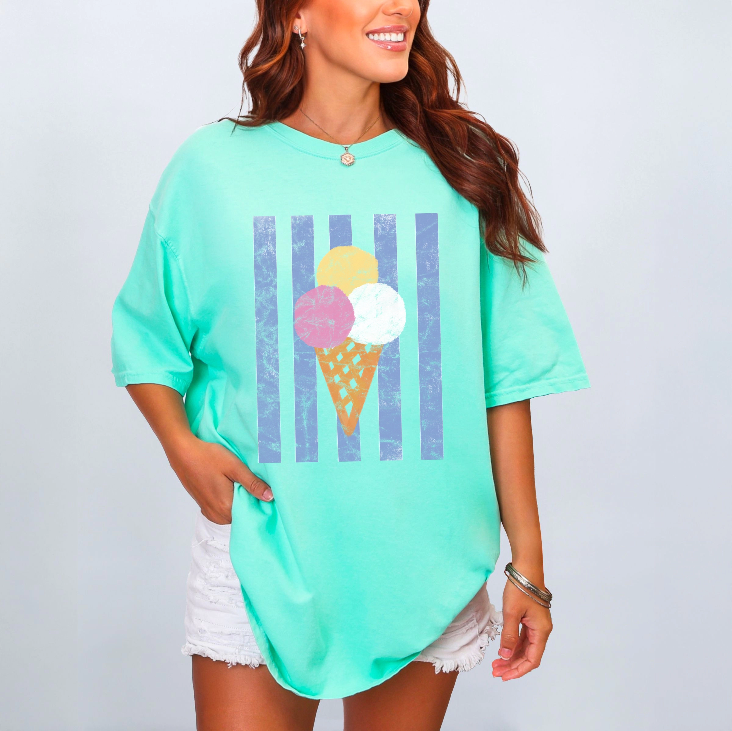 Simply Sage Market - Women's Garment Dyed Graphic T-Shirt Ice Cream Cone Stripes