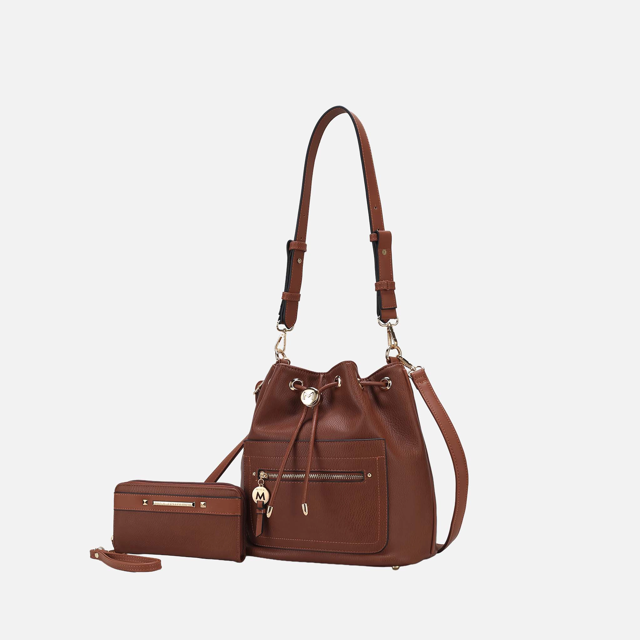 Mia K Collection Larissa Pebbled Vegan Leather Bucket Bag with Matching Wallet