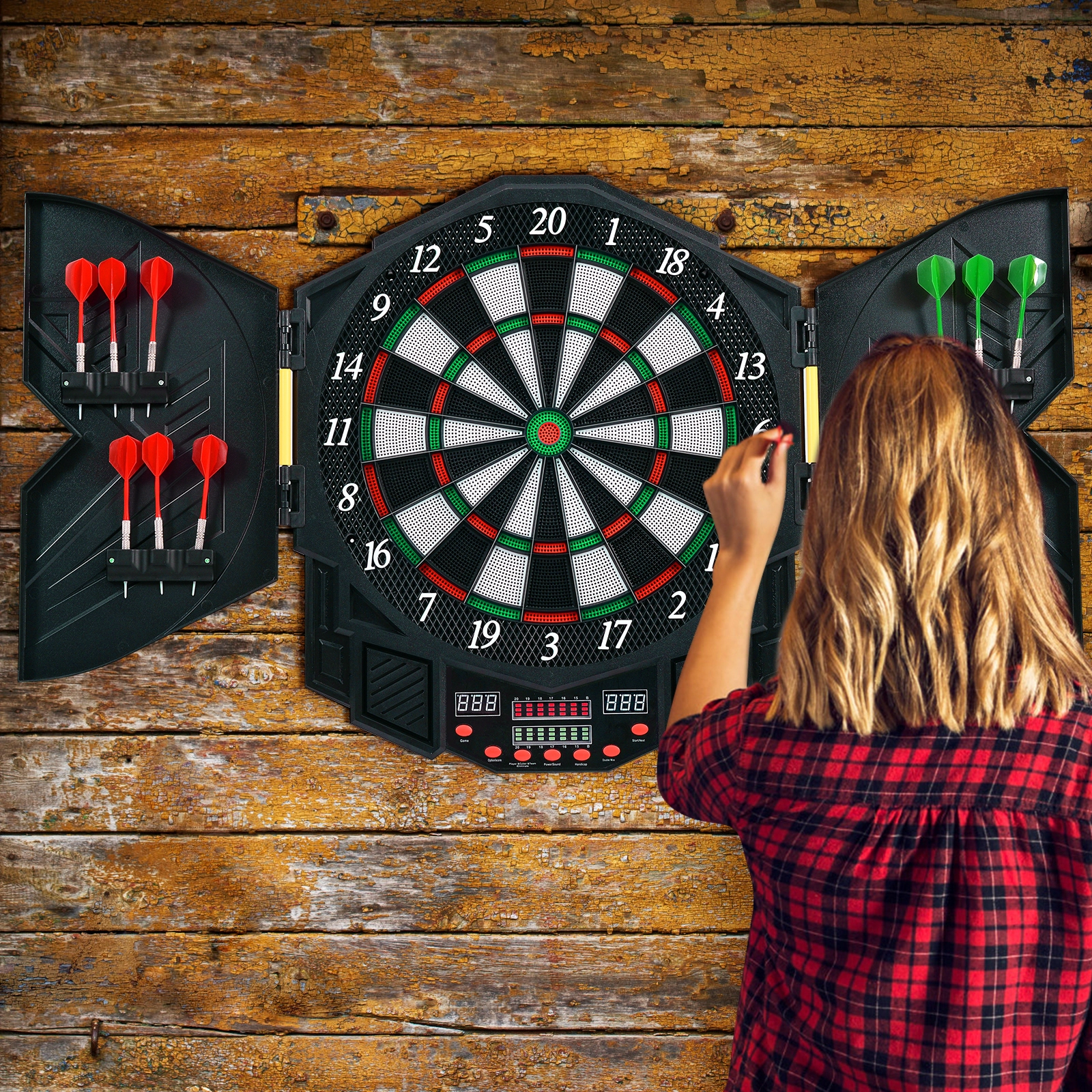 SUGIFT Electronic Dartboard Set LCD Display 13.5-in Target 27 Games 216 Variations 1-8 Players 12 Soft Tip Darts Black