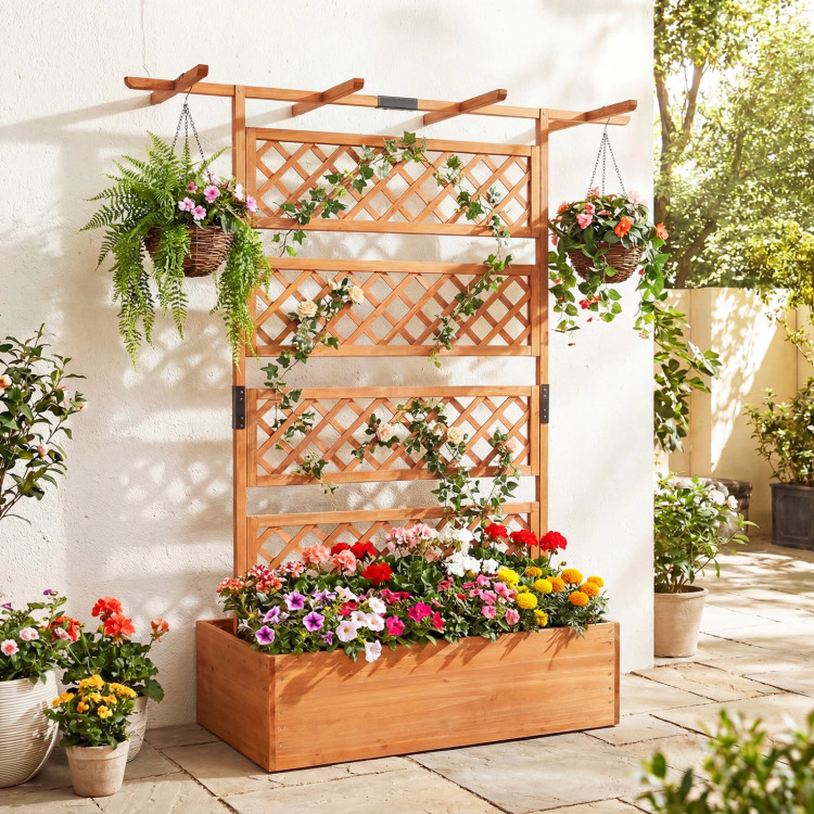 SUGIFT Orange Wood Planter Box with Lattice Trellis and Flat Roof 38-in W 20.5-in D 11-in H 130-lb Box Capacity