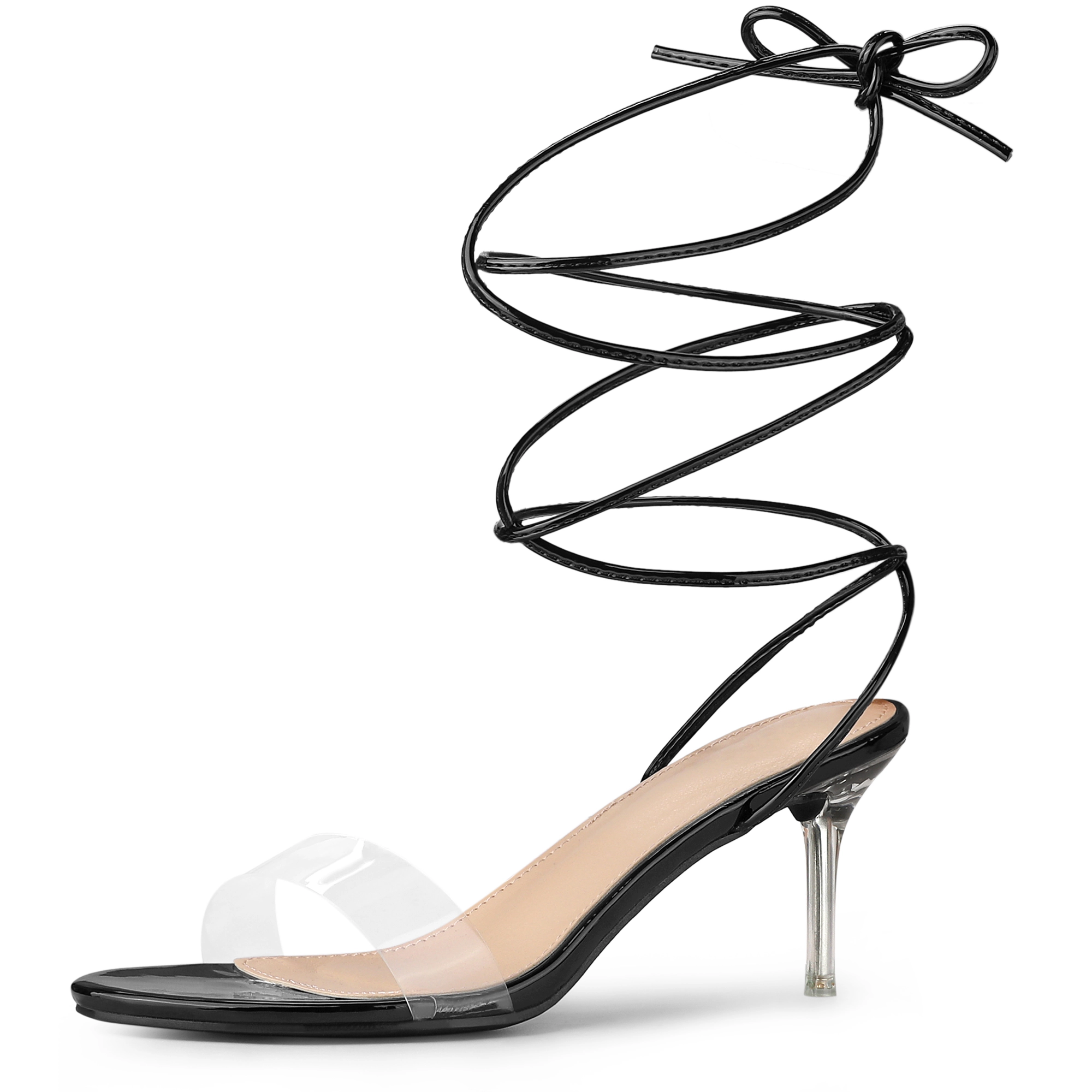 BLISSFUL STEP Women's Clear Strap Lace Up Stiletto Heel Sandals