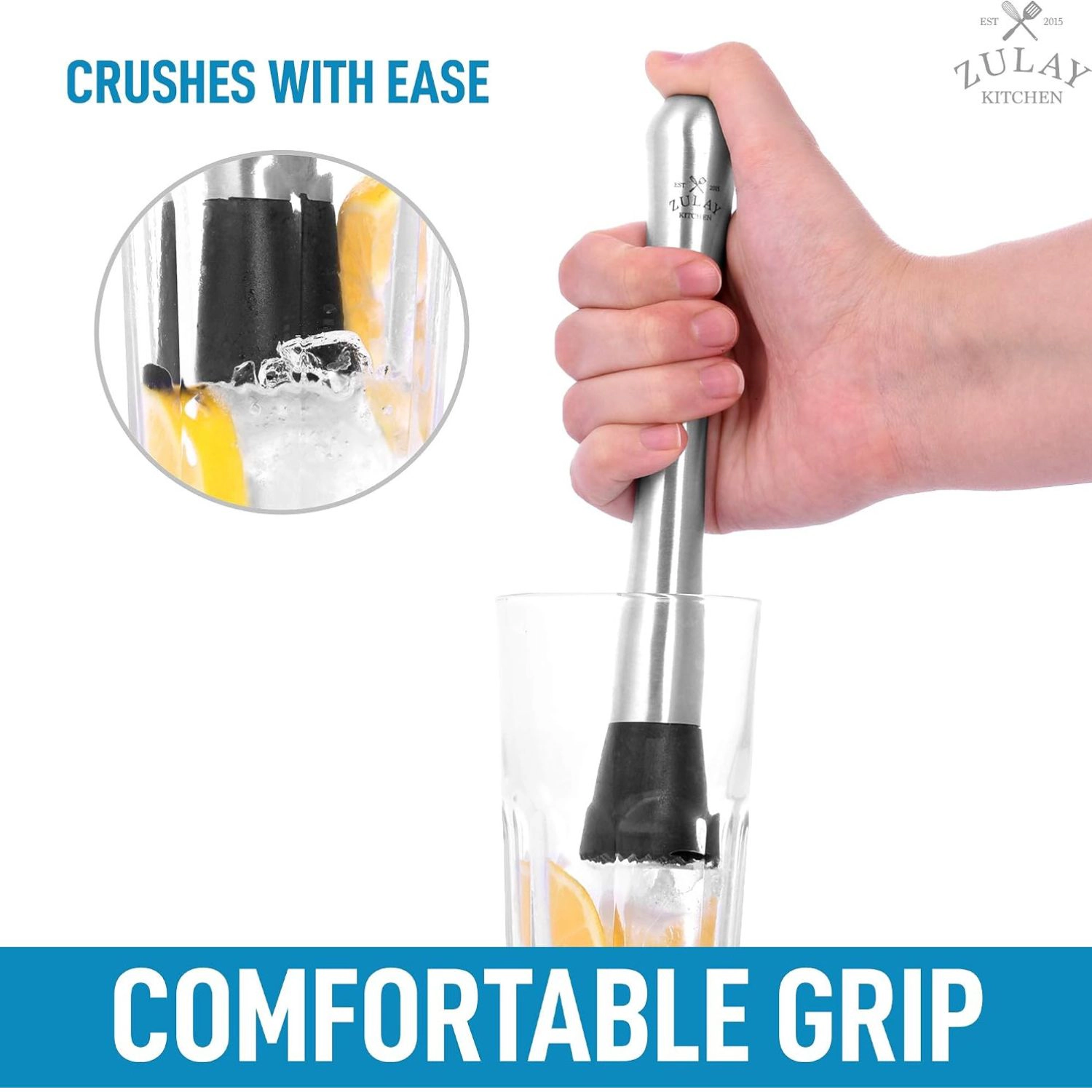 Zulay Kitchen (8 inch) Stainless Steel Muddler for Cocktails - Professional Cocktail Muddler with Grooved Nylon Head